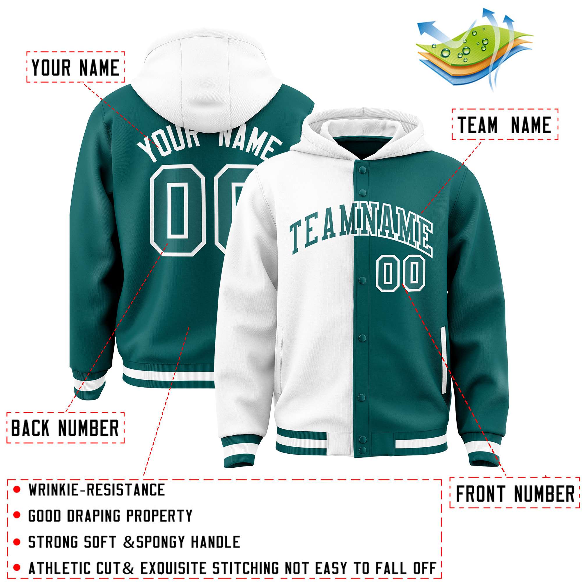 Custom White Aqua Split Fashion Varsity Full-Snap Letterman Two Tone Jacket Hoodie