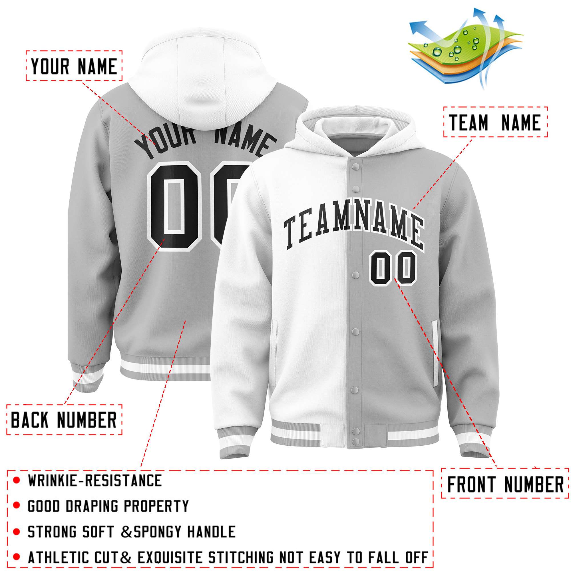 Custom White Gray Split Fashion Varsity Full-Snap Letterman Two Tone Jacket Hoodie