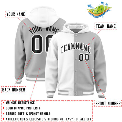 Custom White Gray Split Fashion Varsity Full-Snap Letterman Two Tone Jacket Hoodie