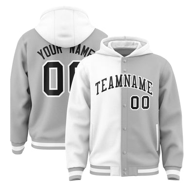 Custom White Gray Split Fashion Varsity Full-Snap Letterman Two Tone Hoodie Jacket