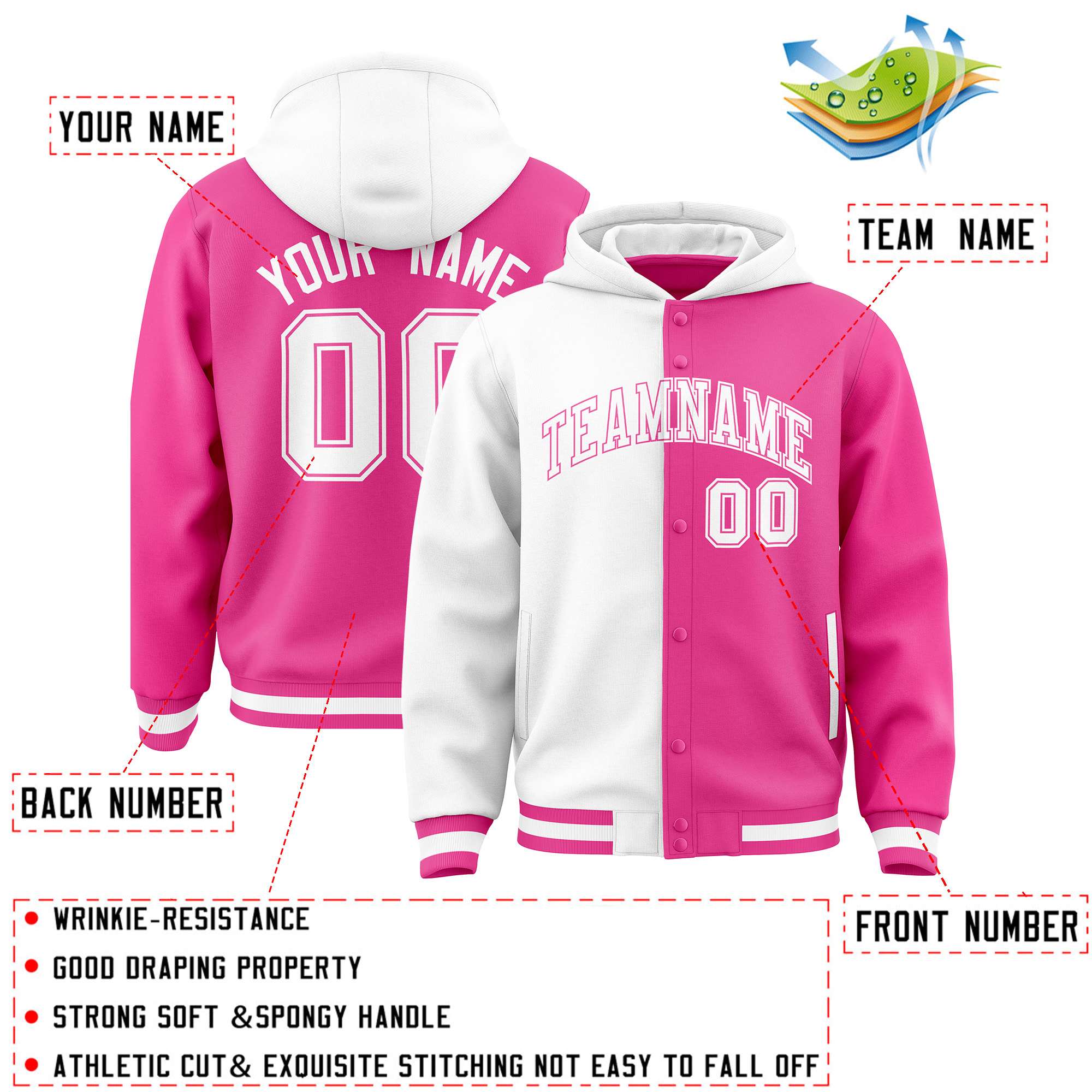 Custom White Pink Split Fashion Varsity Full-Snap Letterman Two Tone Jacket Hoodie