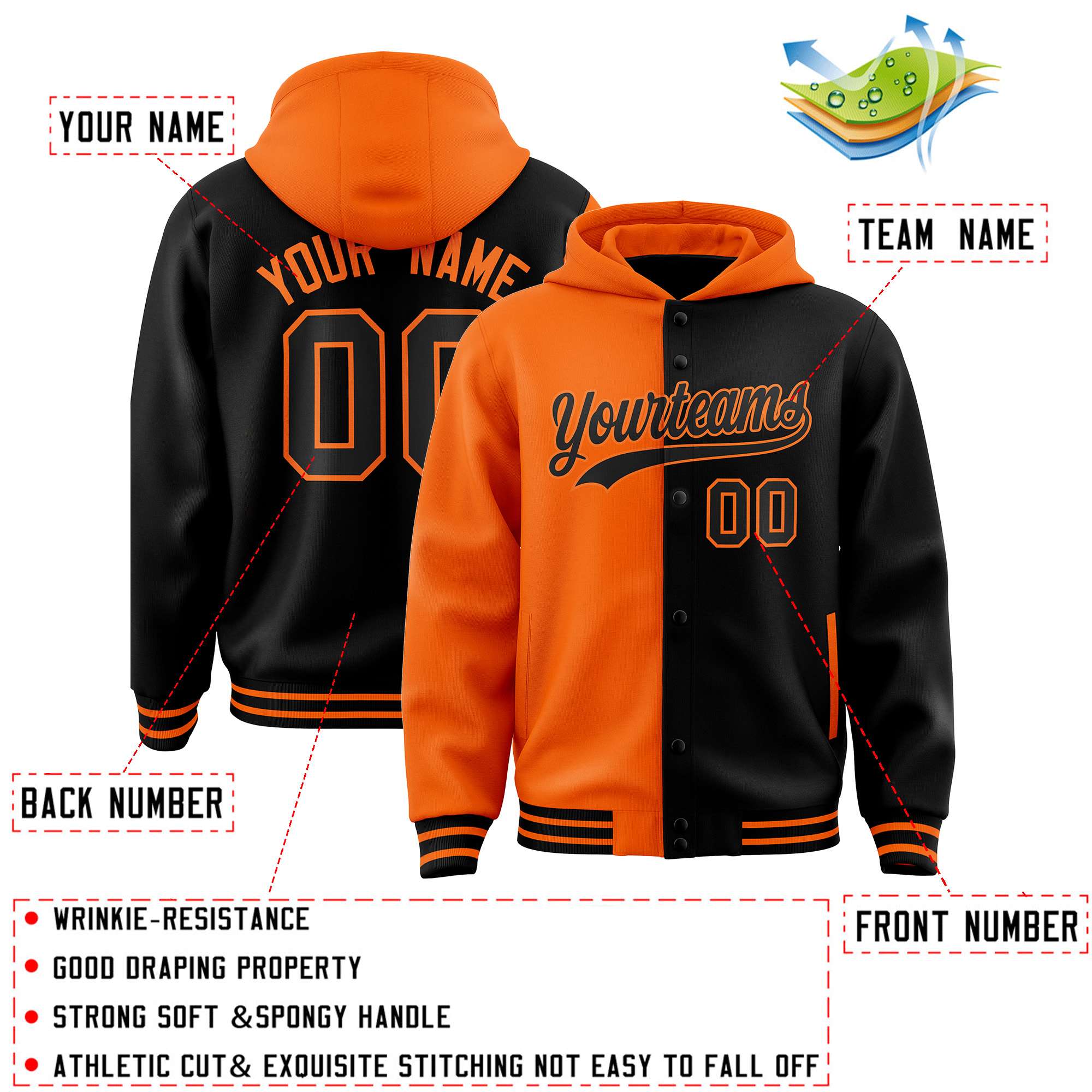 Custom Orange Black Split Fashion Varsity Full-Snap Letterman Two Tone Jacket Hoodie