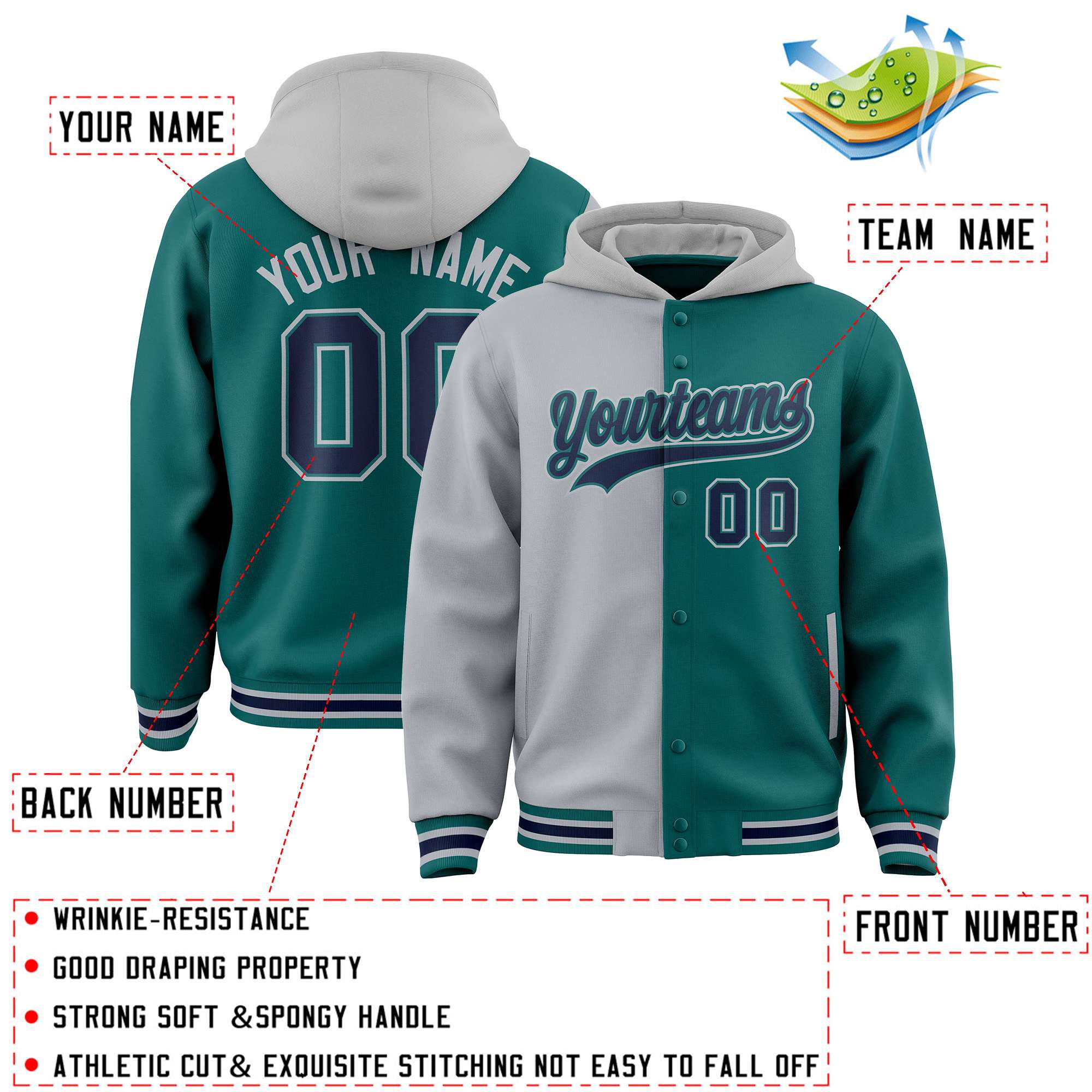 Custom Gray Aqua Split Fashion Varsity Full-Snap Letterman Two Tone Jacket Hoodie