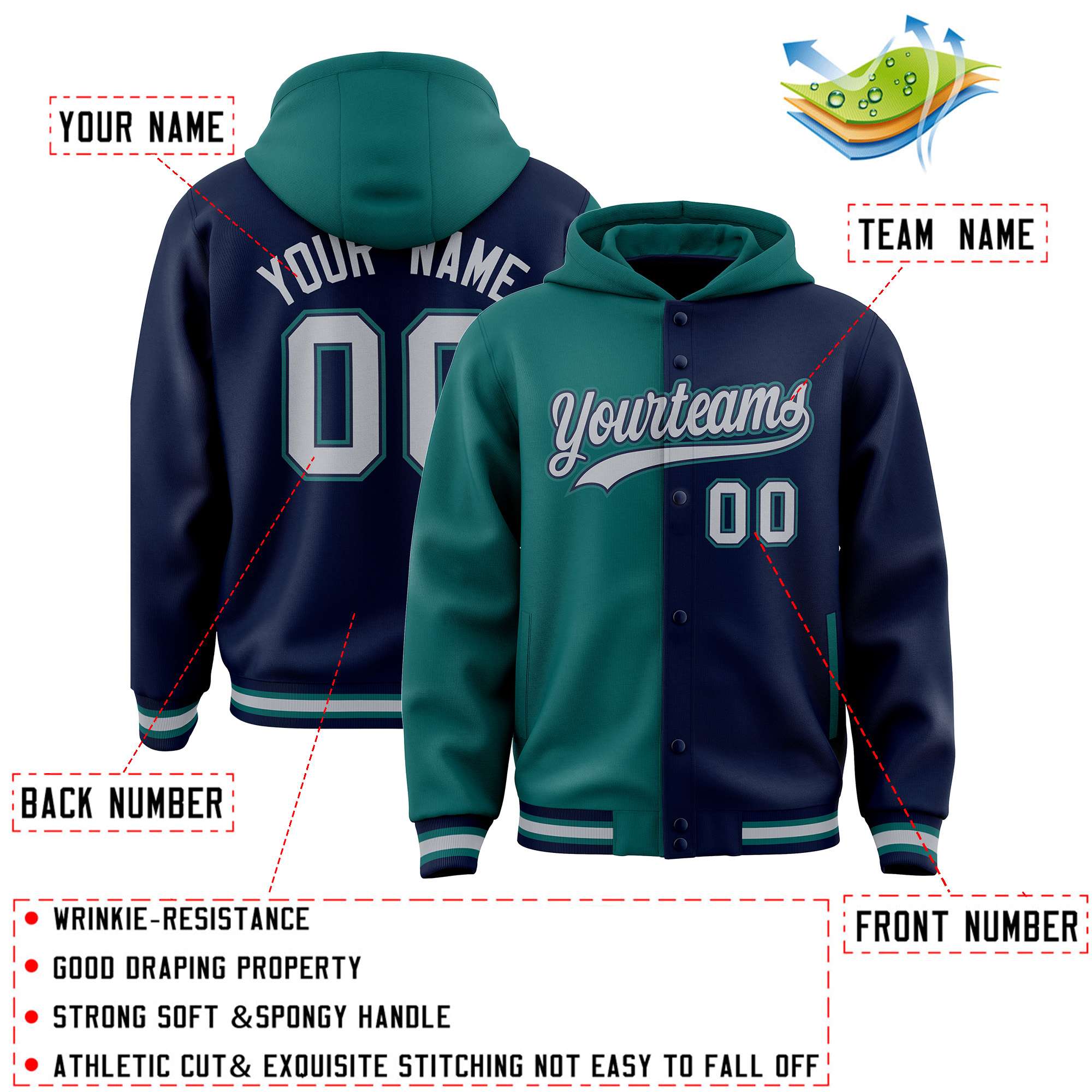 Custom Aqua Navy Split Fashion Varsity Full-Snap Letterman Two Tone Jacket Hoodie