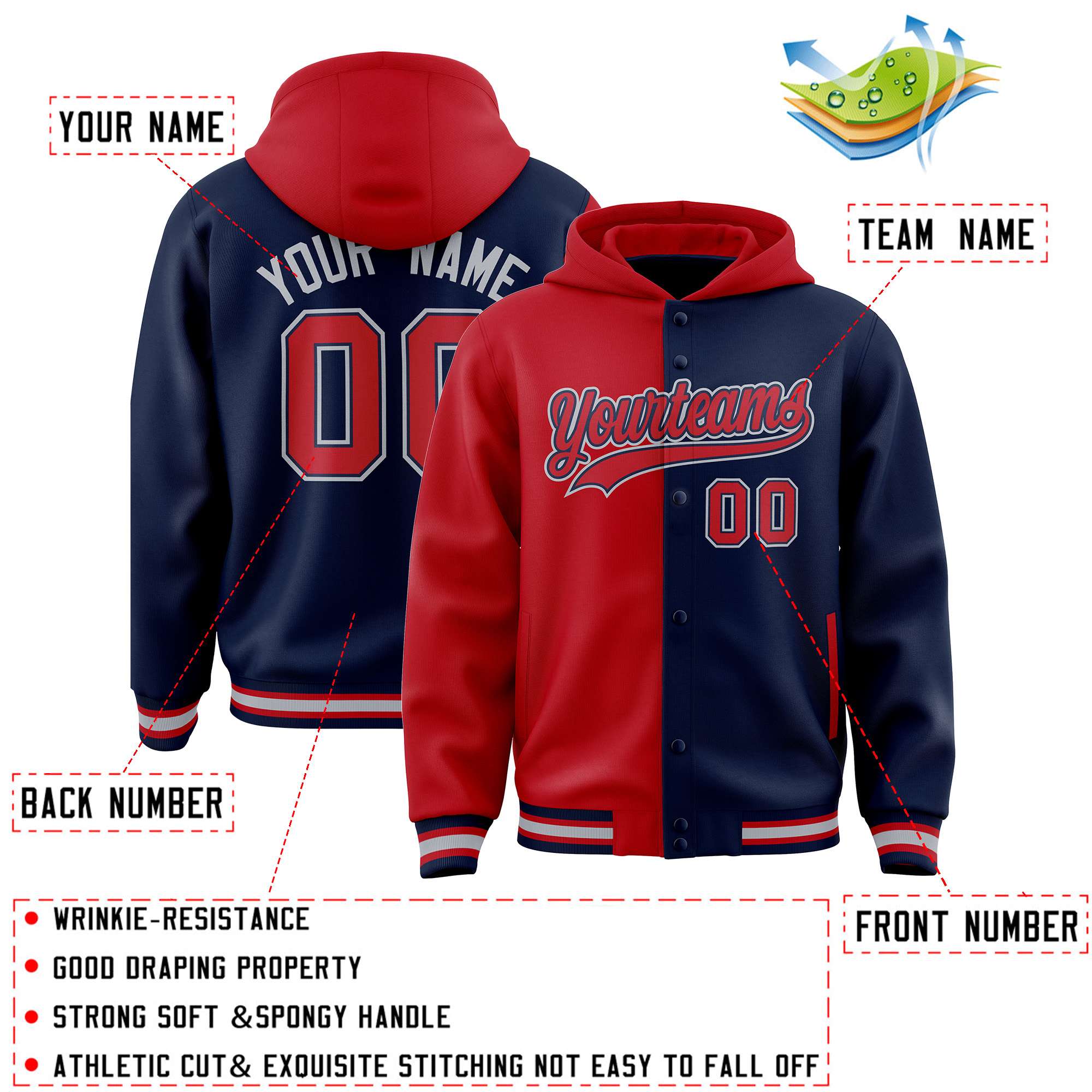 Custom Red Navy Split Fashion Varsity Full-Snap Letterman Two Tone Jacket Hoodie