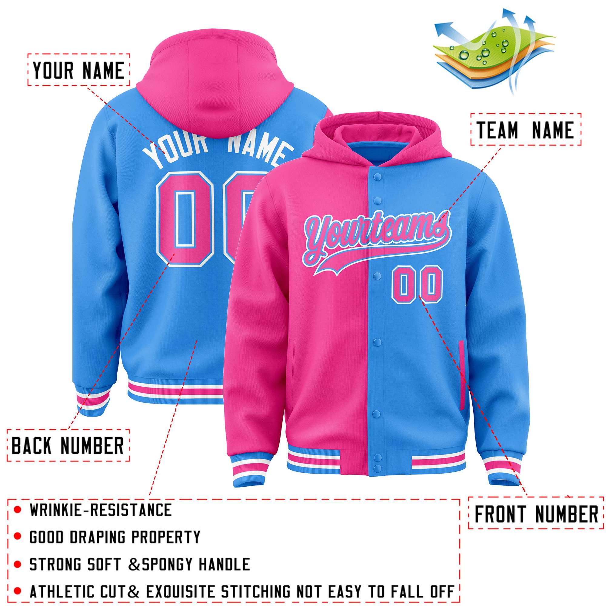 Custom Pink Powder Blue Split Fashion Varsity Full-Snap Letterman Two Tone Jacket Hoodie