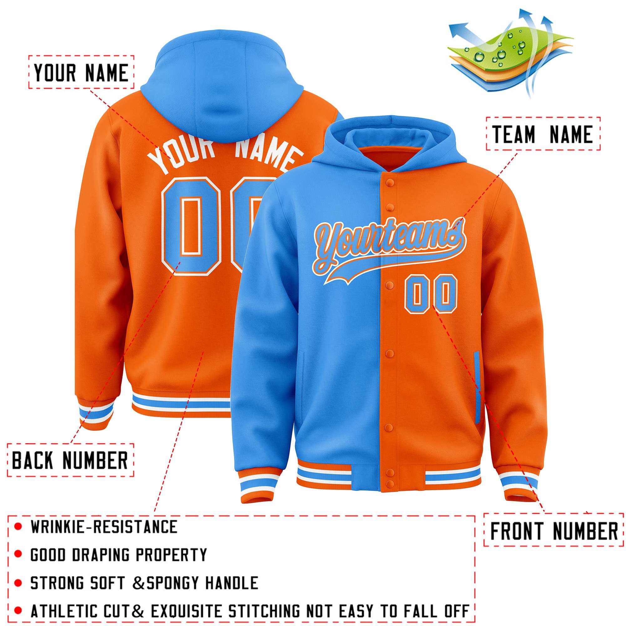 Custom Powder Blue Orange Split Fashion Varsity Full-Snap Letterman Two Tone Jacket Hoodie