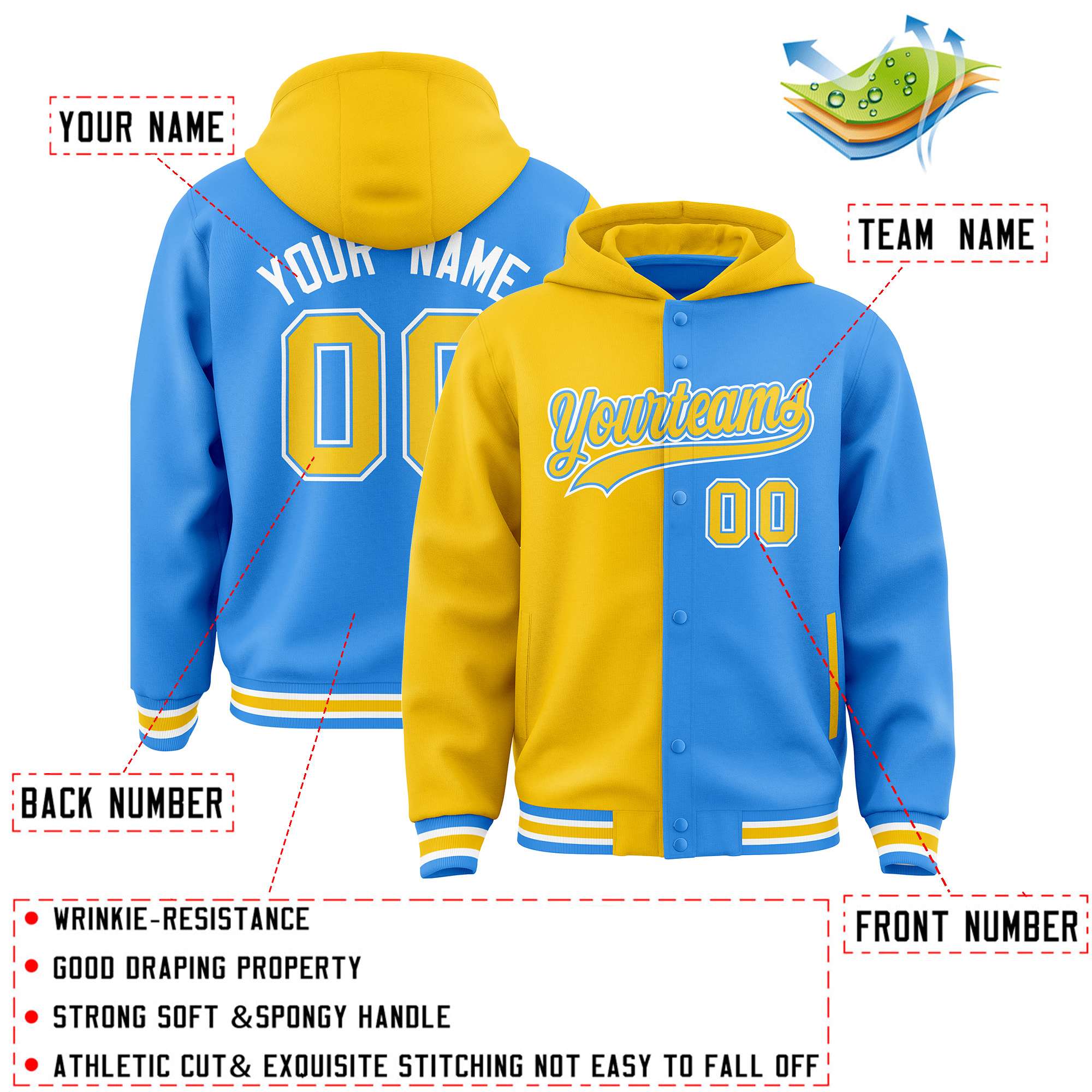 Custom Gold Powder Blue Split Fashion Varsity Full-Snap Letterman Two Tone Jacket Hoodie