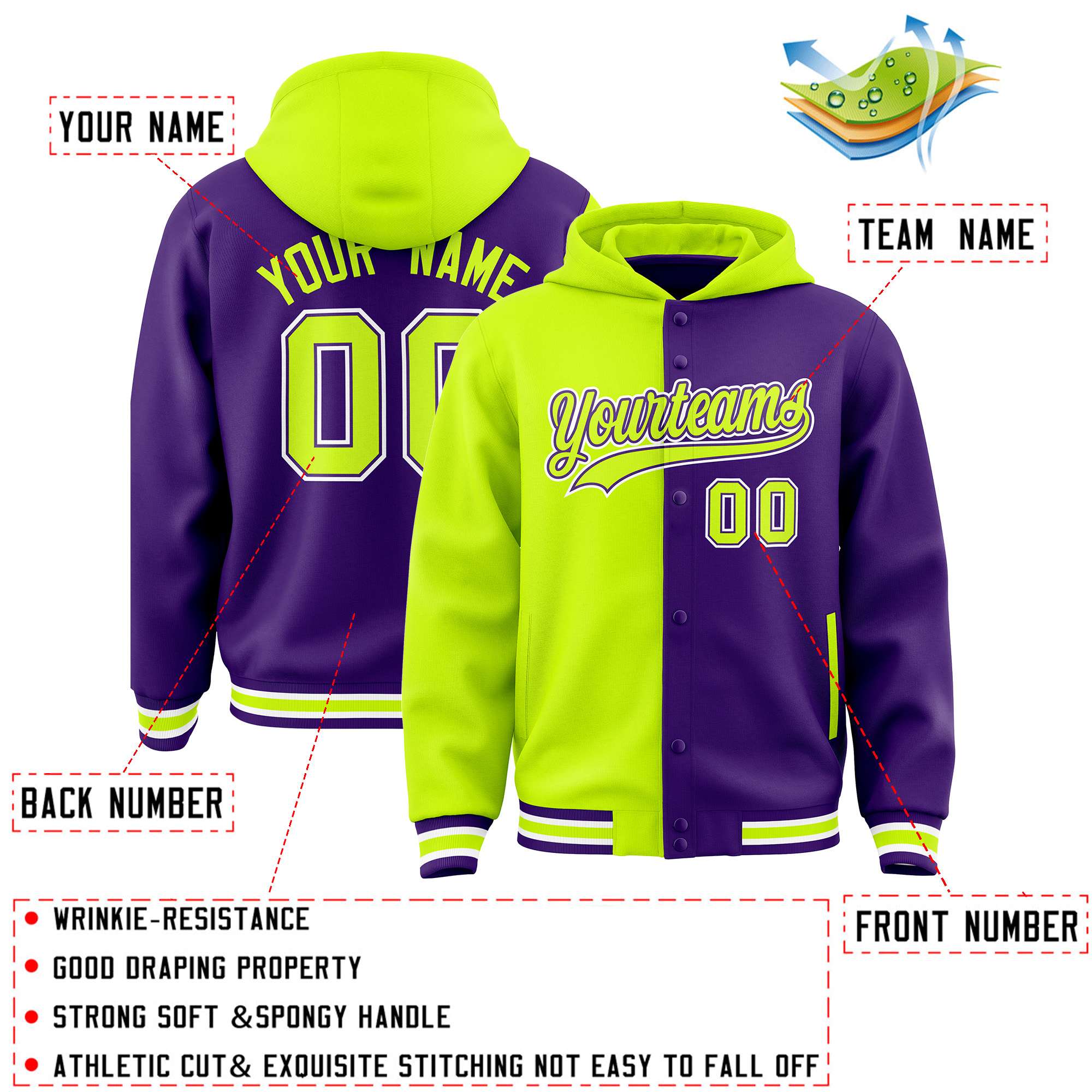 Custom Neon Green Purple Split Fashion Varsity Full-Snap Letterman Two Tone Jacket Hoodie