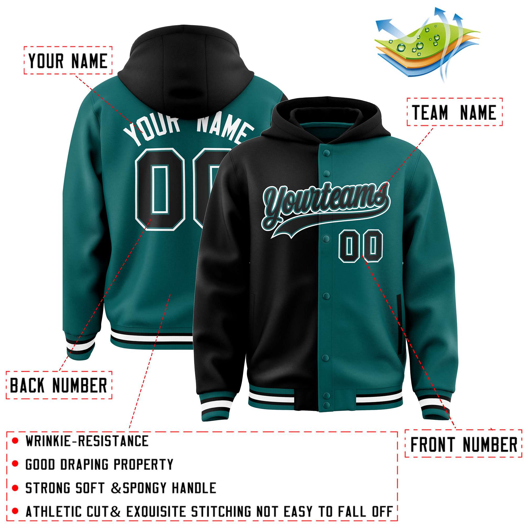 Custom Black Aqua Split Fashion Varsity Full-Snap Letterman Two Tone Jacket Hoodie