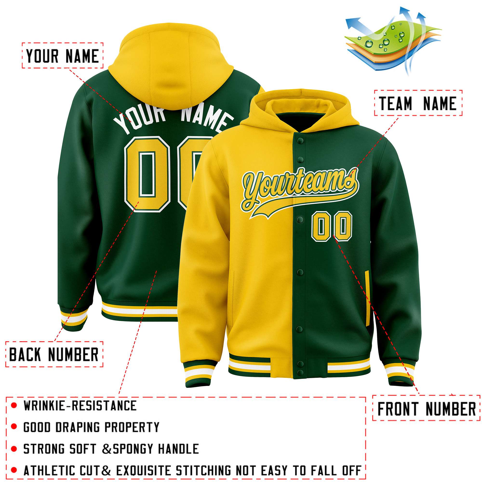 Custom Gold Green Split Fashion Varsity Full-Snap Letterman Two Tone Jacket Hoodie