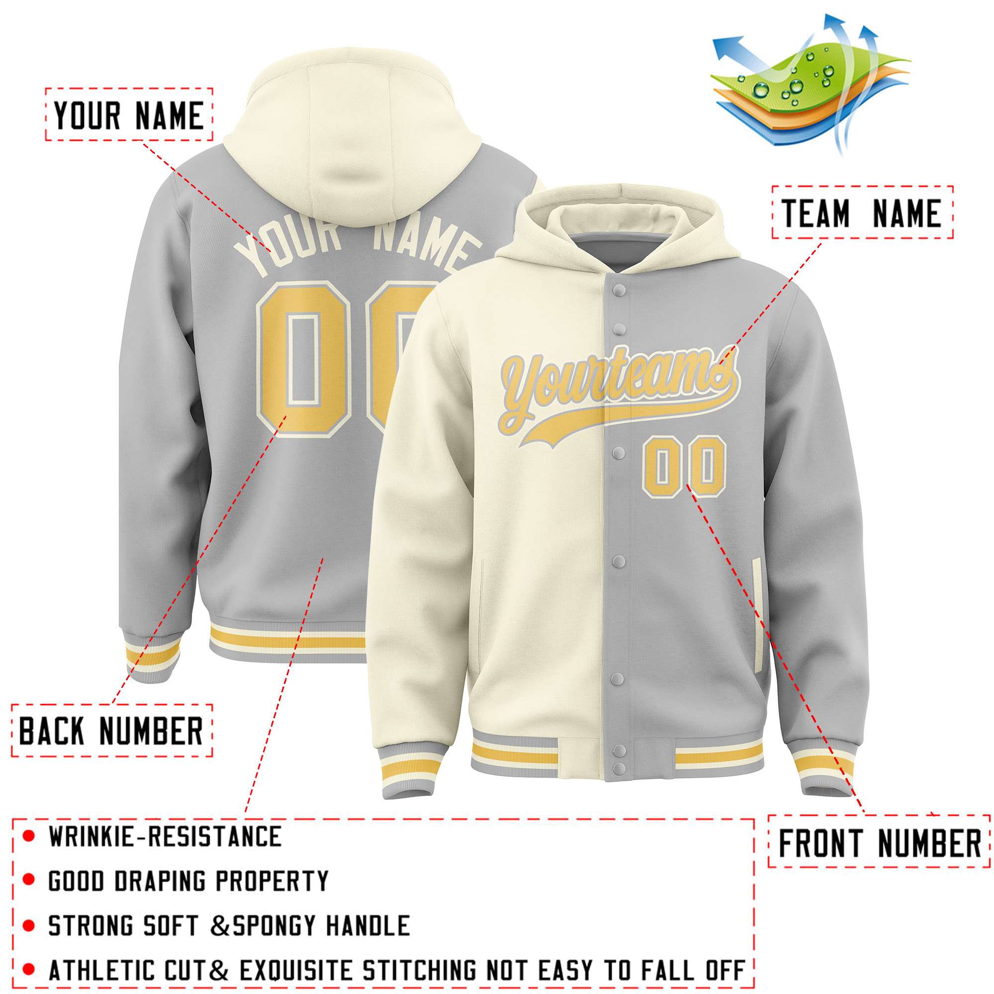 Custom Cream Gray Split Fashion Varsity Full-Snap Letterman Two Tone Jacket Hoodie