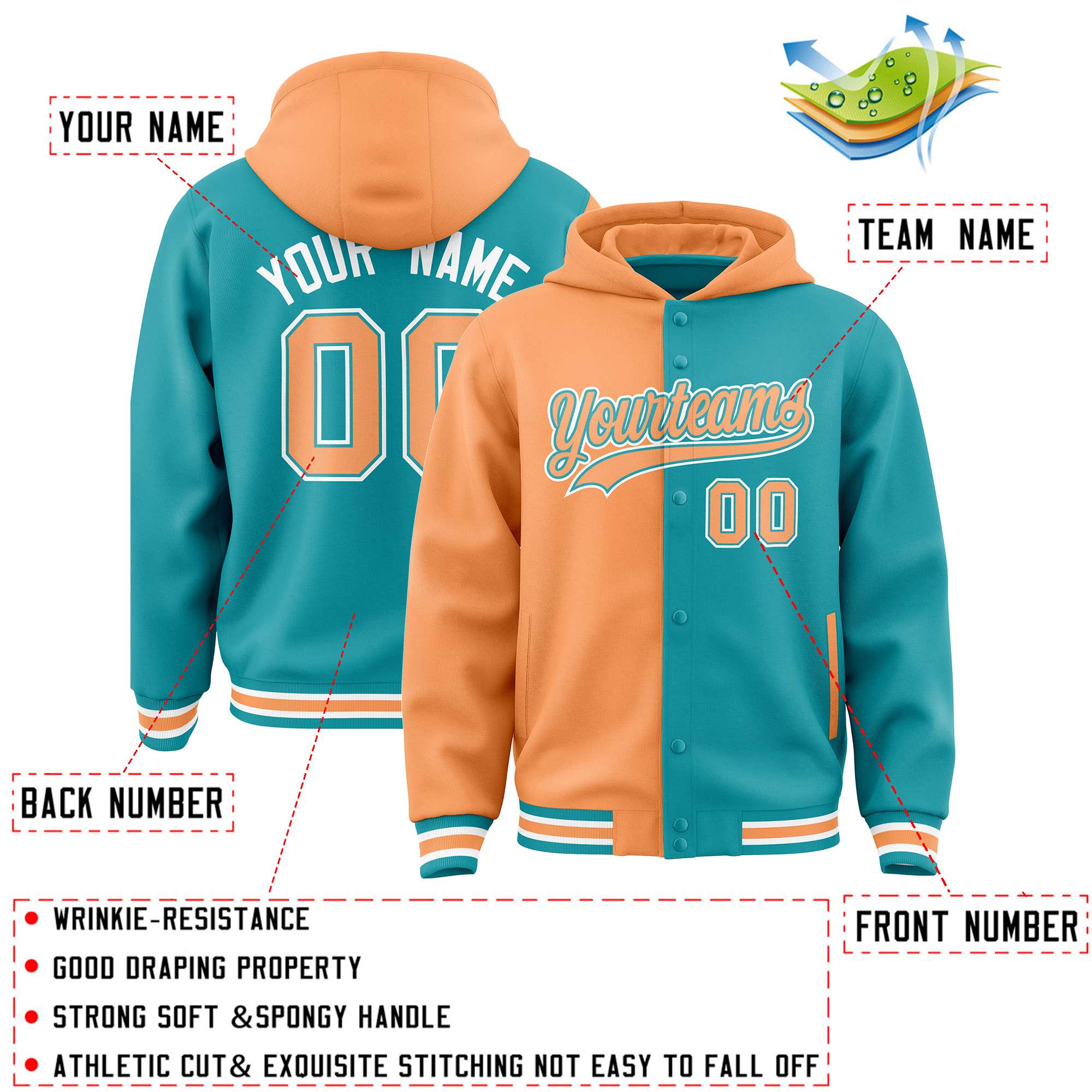 Custom Orange Aqua Split Fashion Varsity Full-Snap Letterman Two Tone Jacket Hoodie