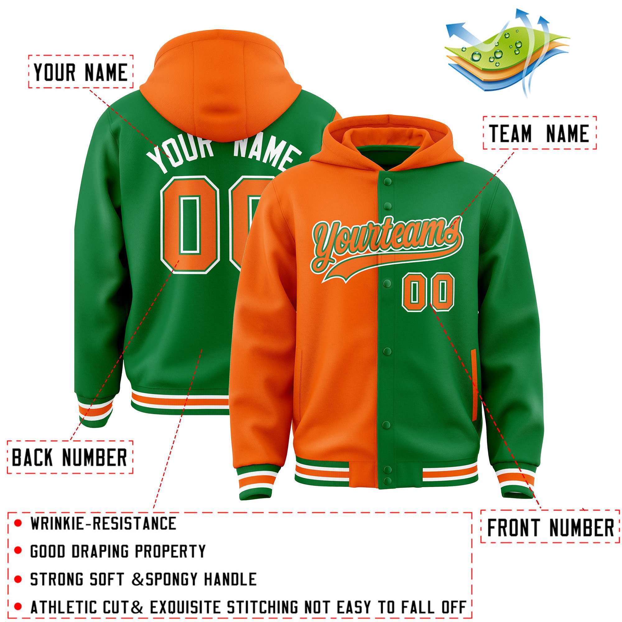 Custom Orange Kelly Green Split Fashion Varsity Full-Snap Letterman Two Tone Jacket Hoodie