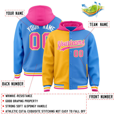 Custom Gold Powder Blue Split Fashion Varsity Full-Snap Letterman Two Tone Jacket Hoodie
