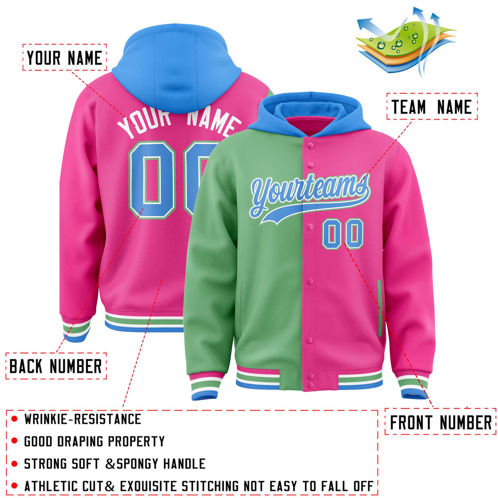 Custom Green Pink Split Fashion Varsity Full-Snap Letterman Two Tone Jacket Hoodie
