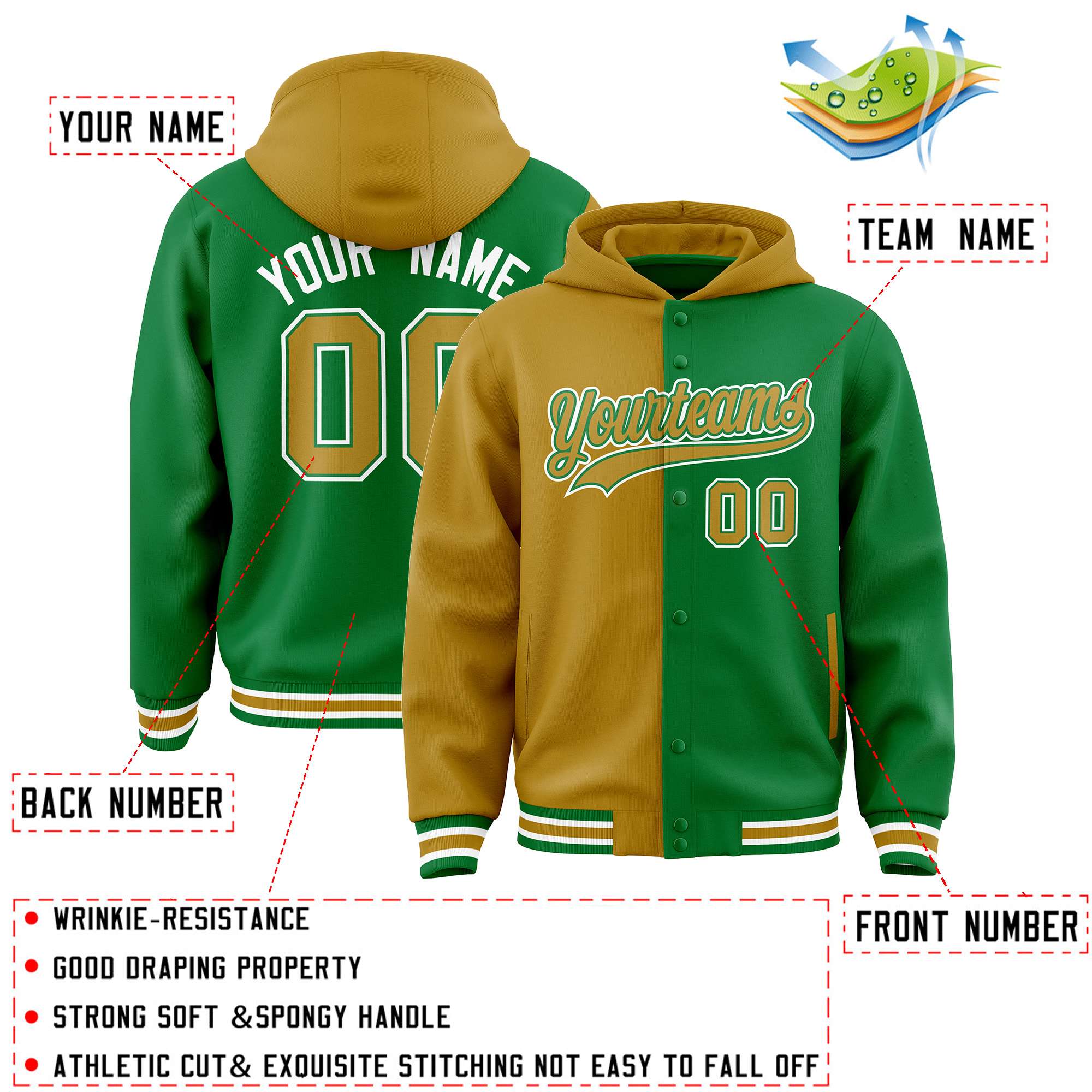 Custom Old Gold Kelly Green Split Fashion Varsity Full-Snap Letterman Two Tone Jacket Hoodie