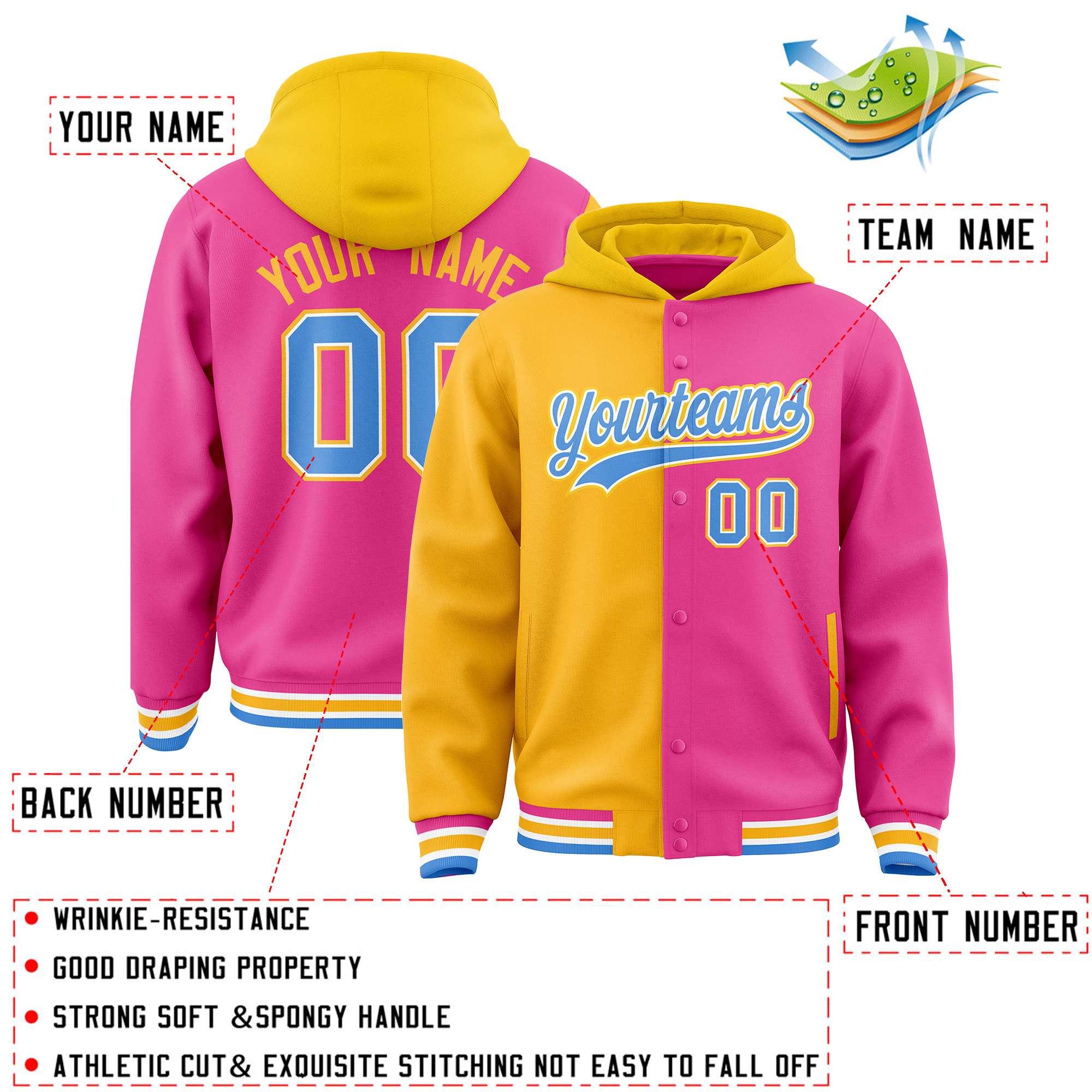 Custom Gold Pink Split Fashion Varsity Full-Snap Letterman Two Tone Jacket Hoodie