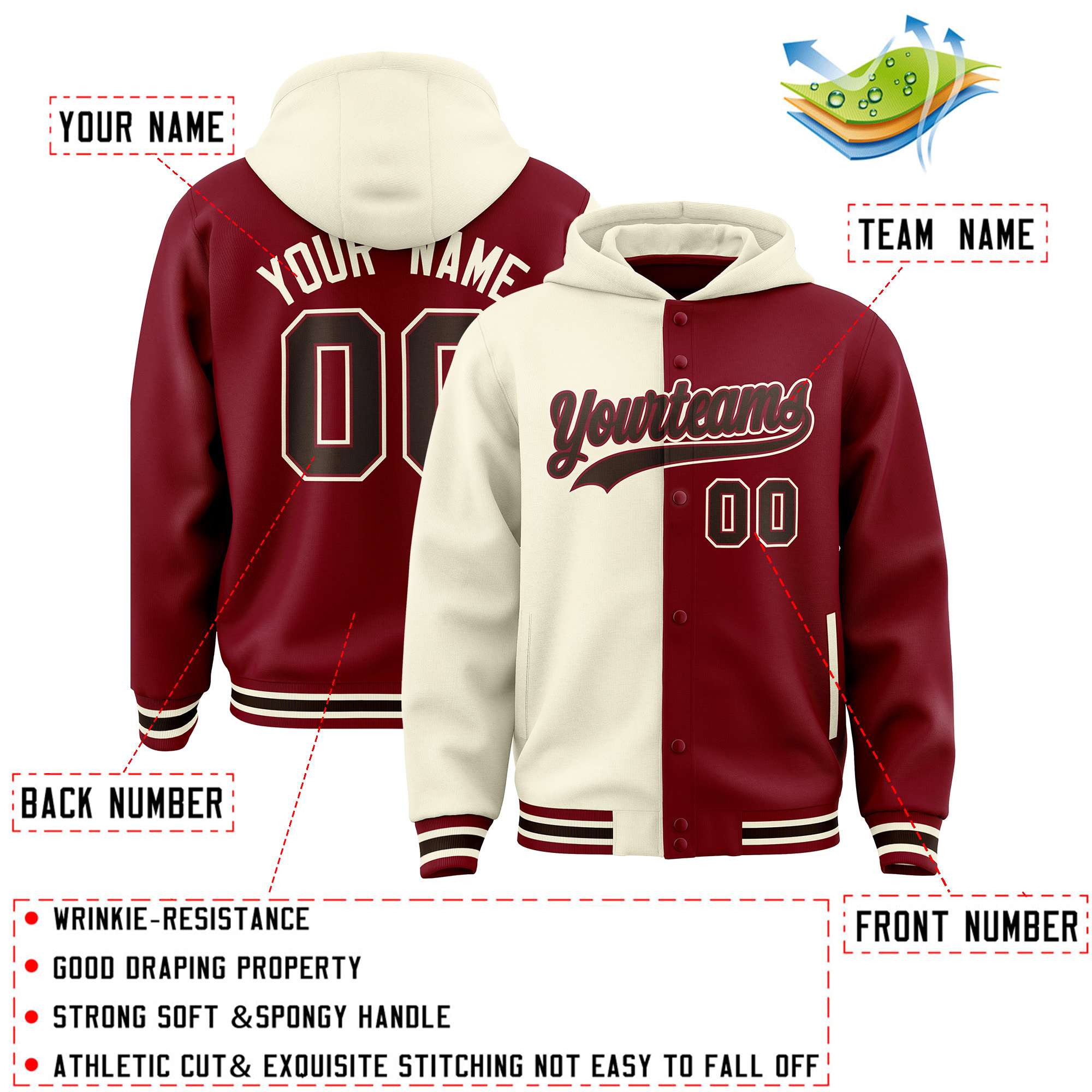 Custom Cream Crimson Split Fashion Varsity Full-Snap Letterman Two Tone Jacket Hoodie