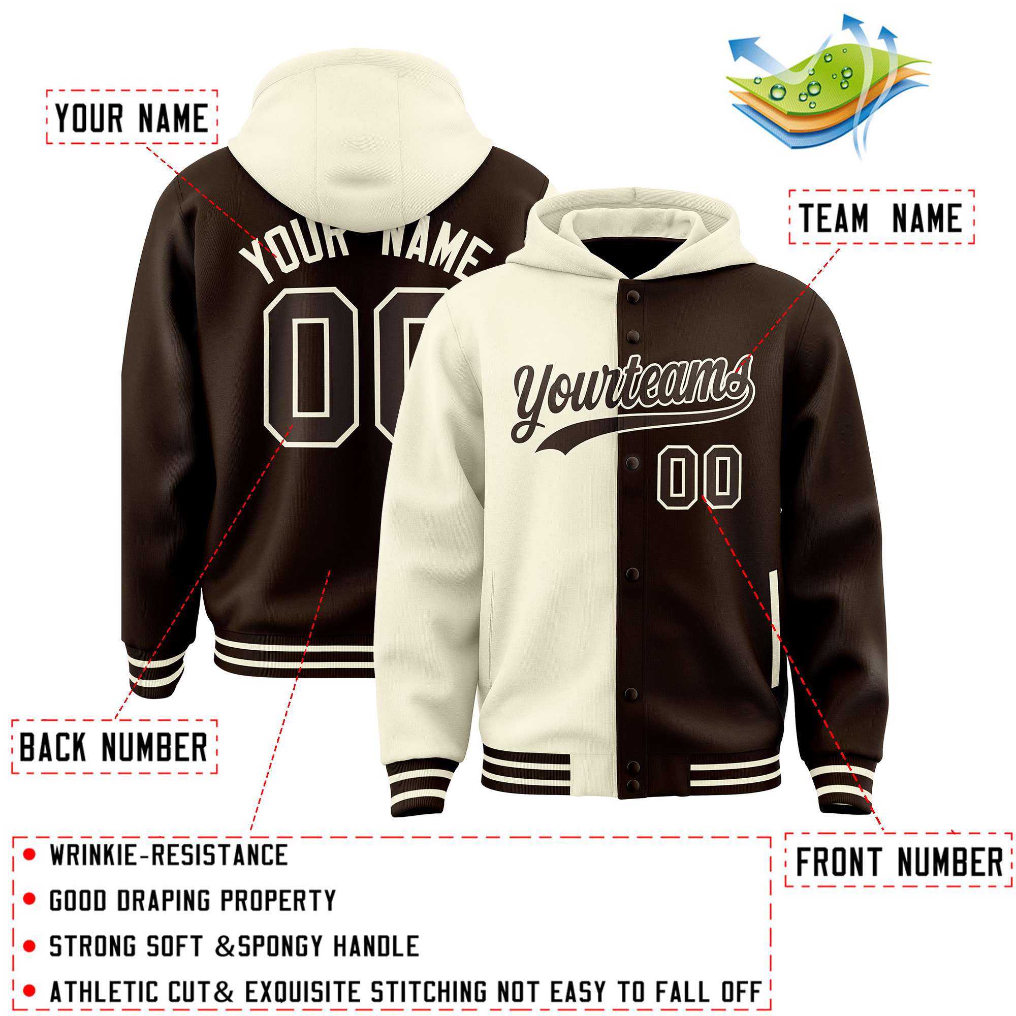 Custom Cream Brown Split Fashion Varsity Full-Snap Letterman Two Tone Jacket Hoodie