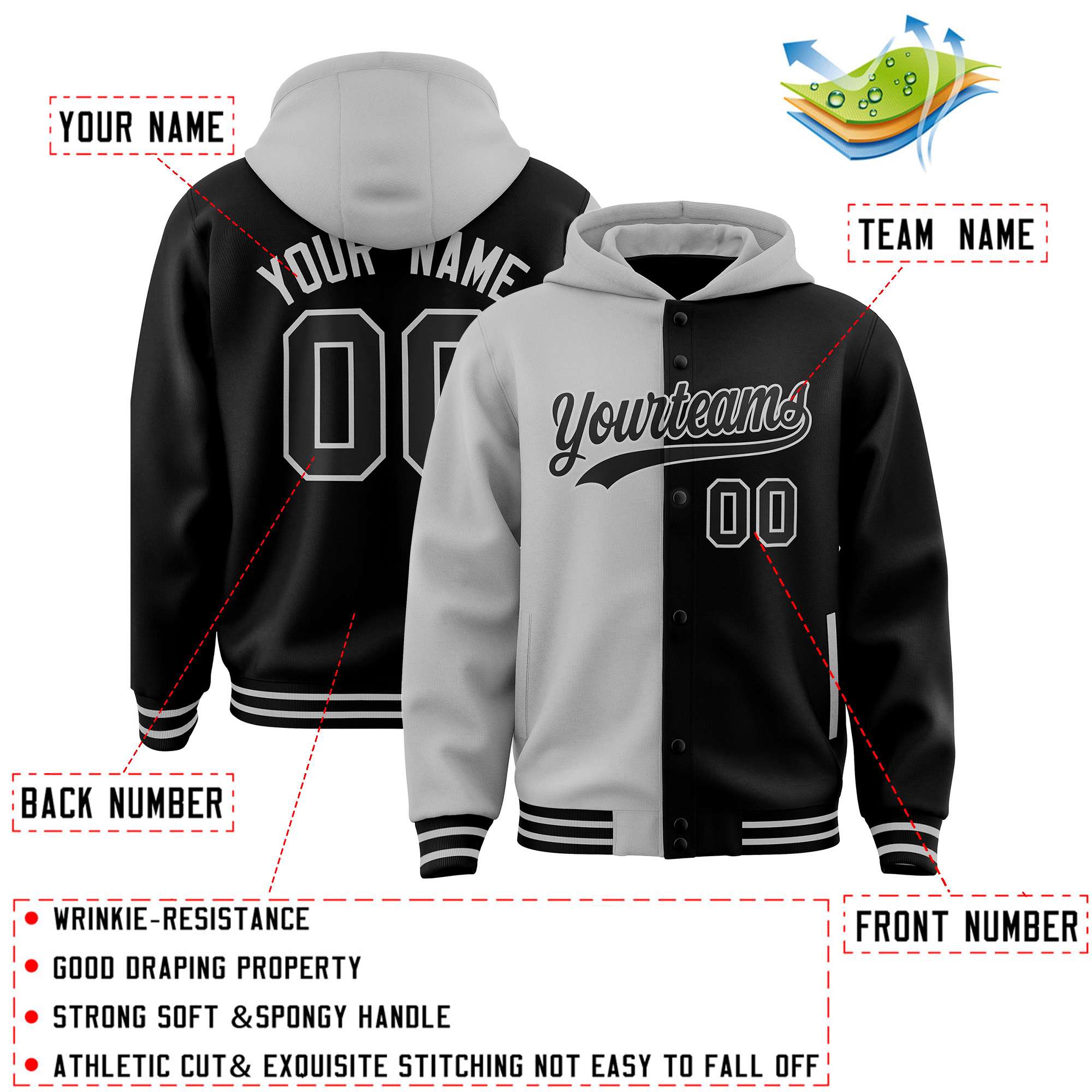 Custom Gray Black Split Fashion Varsity Full-Snap Letterman Two Tone Jacket Hoodie