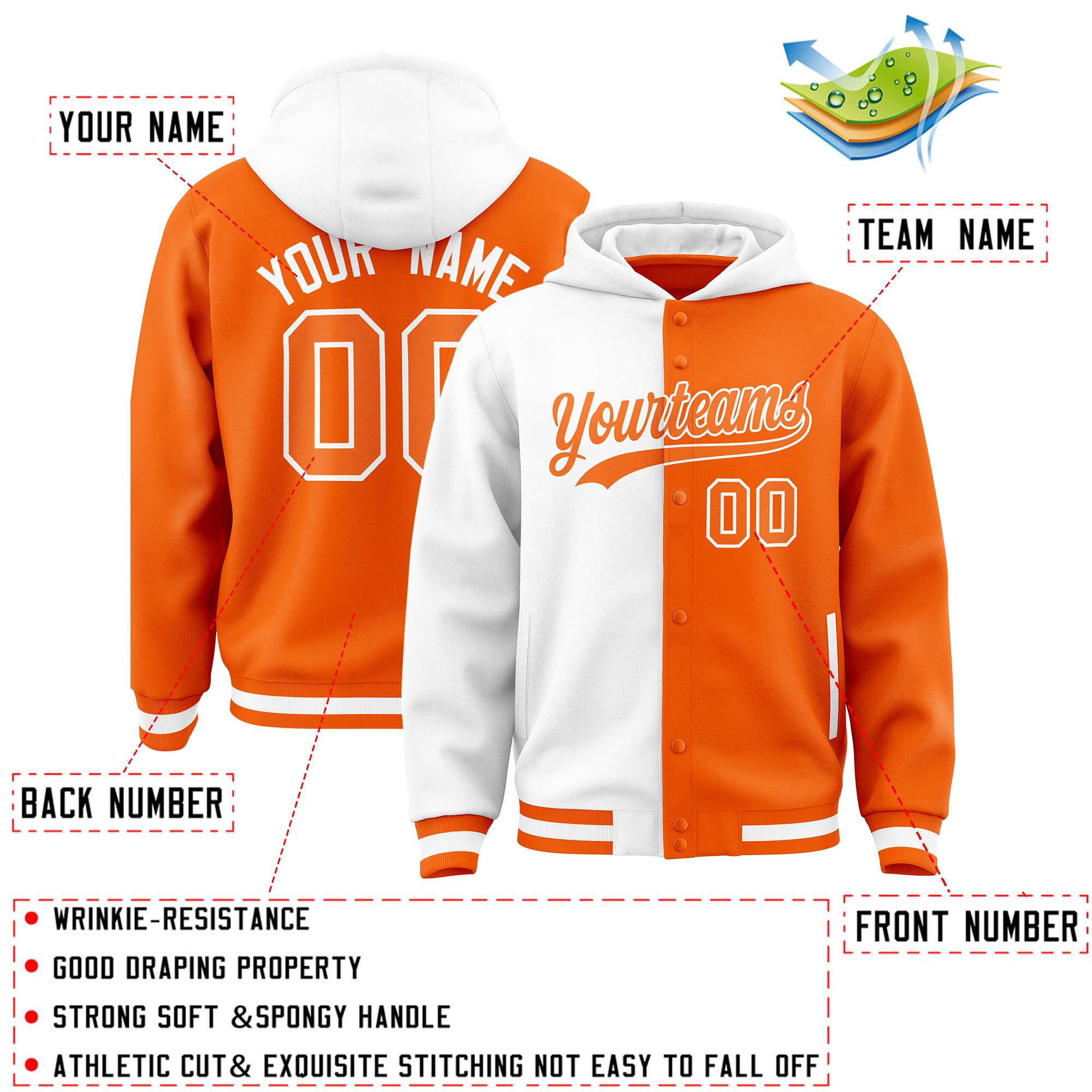 Custom White Orange Split Fashion Varsity Full-Snap Letterman Two Tone Jacket Hoodie