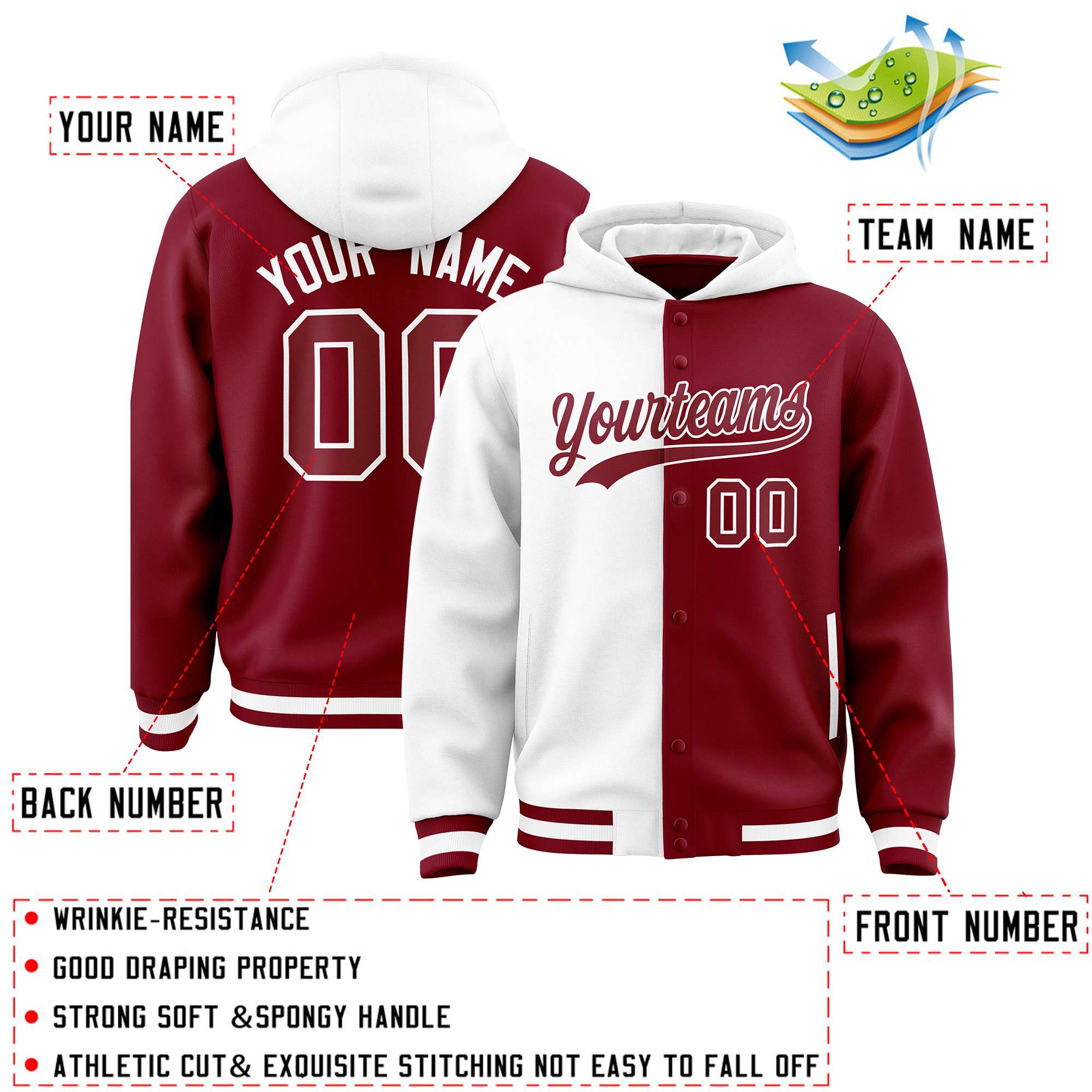 Custom White Crimson Split Fashion Varsity Full-Snap Letterman Two Tone Jacket Hoodie