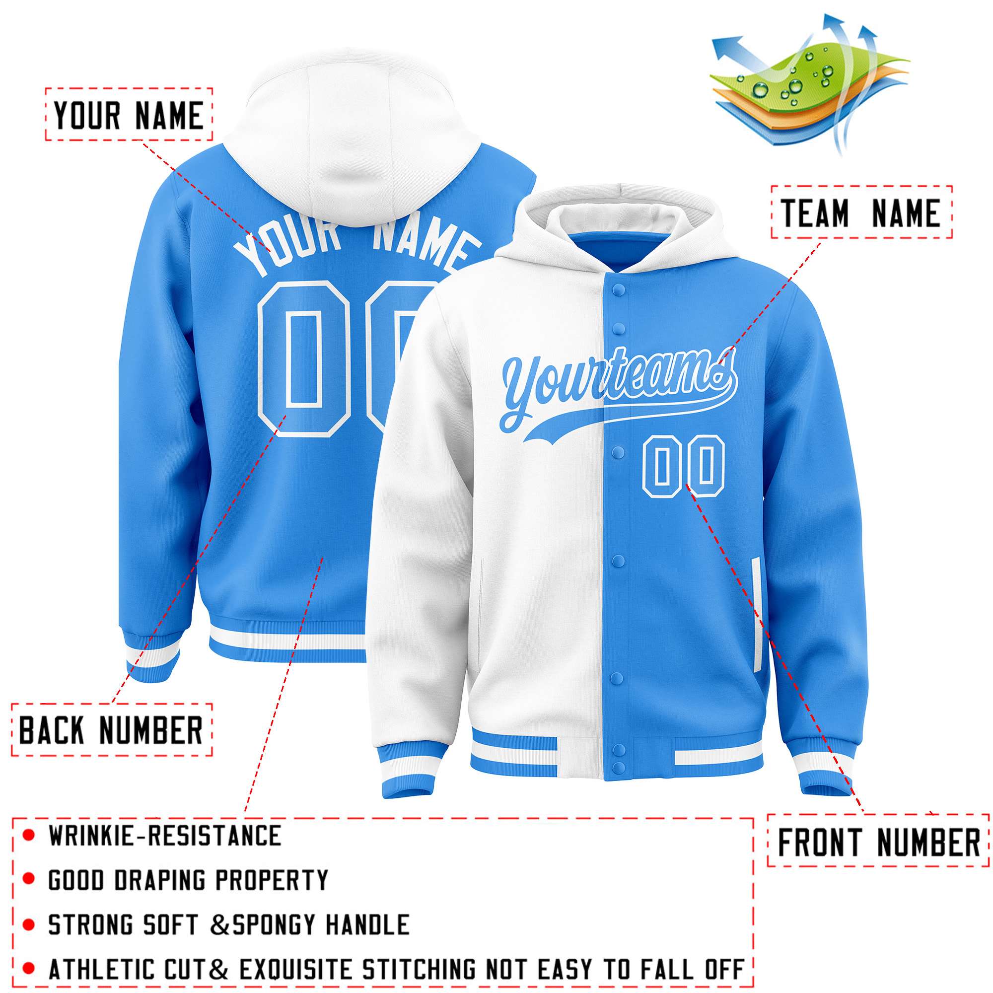 Custom White Powder Blue Split Fashion Varsity Full-Snap Letterman Two Tone Jacket Hoodie