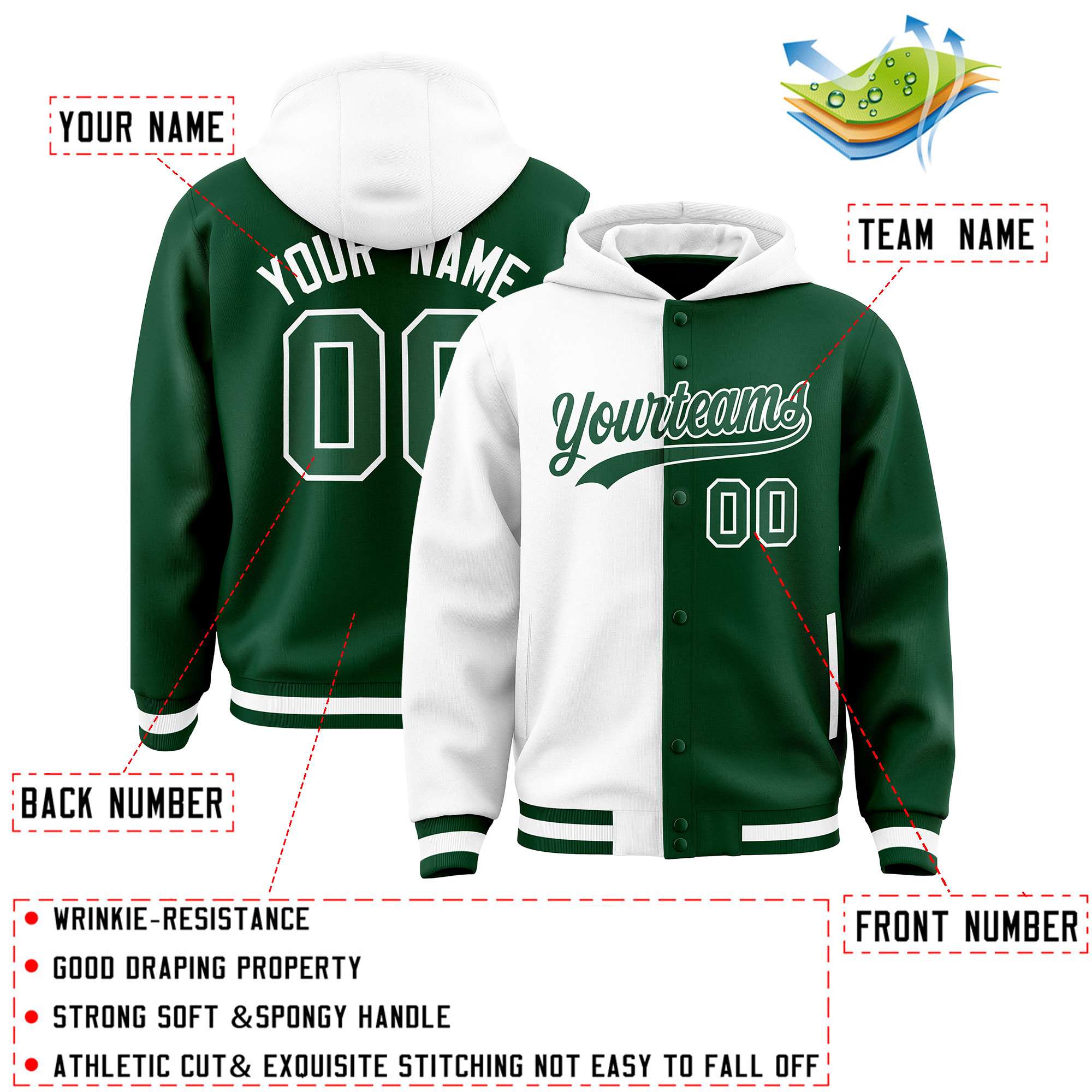 Custom White Green Split Fashion Varsity Full-Snap Letterman Two Tone Jacket Hoodie