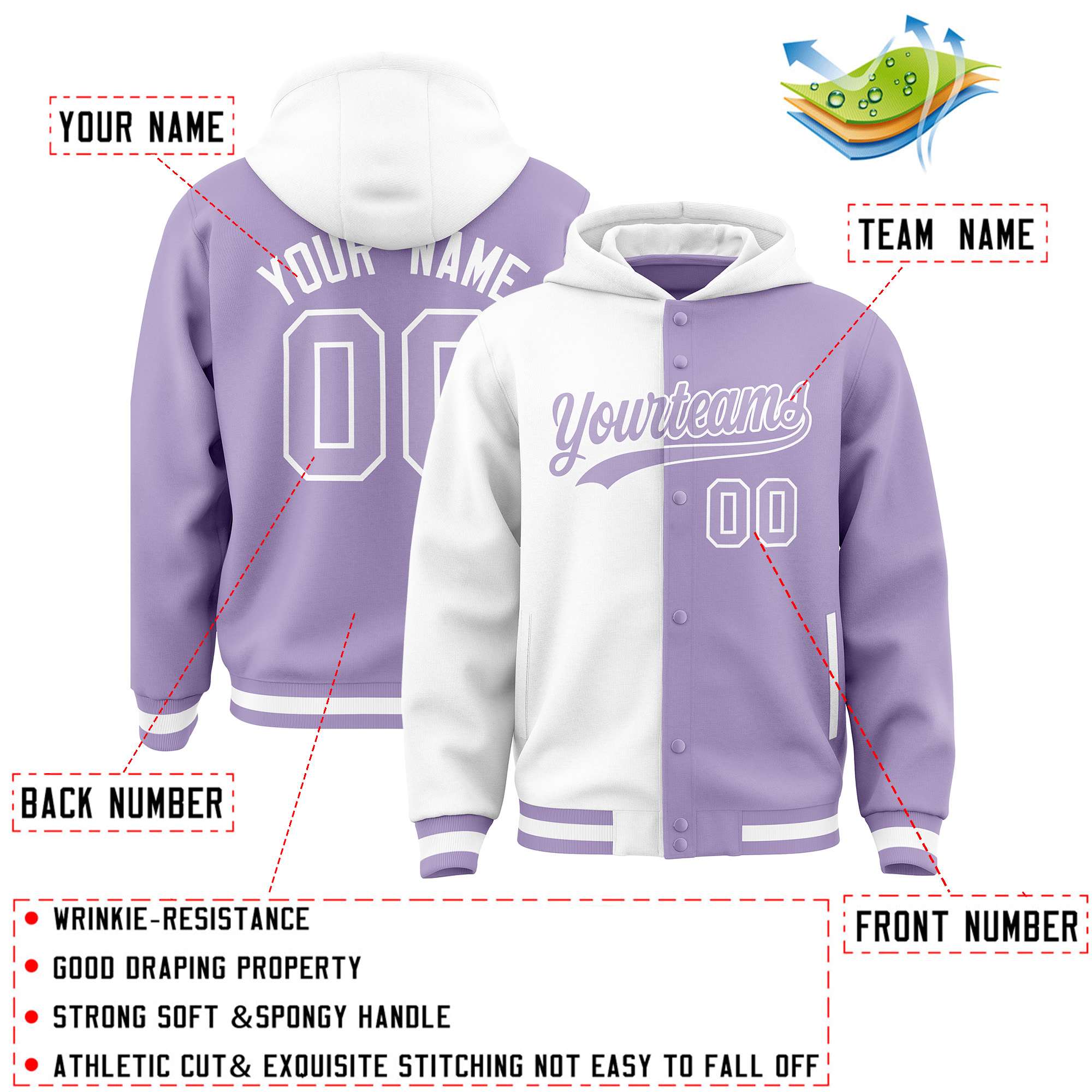 Custom White Light Purple Split Fashion Varsity Full-Snap Letterman Two Tone Jacket Hoodie