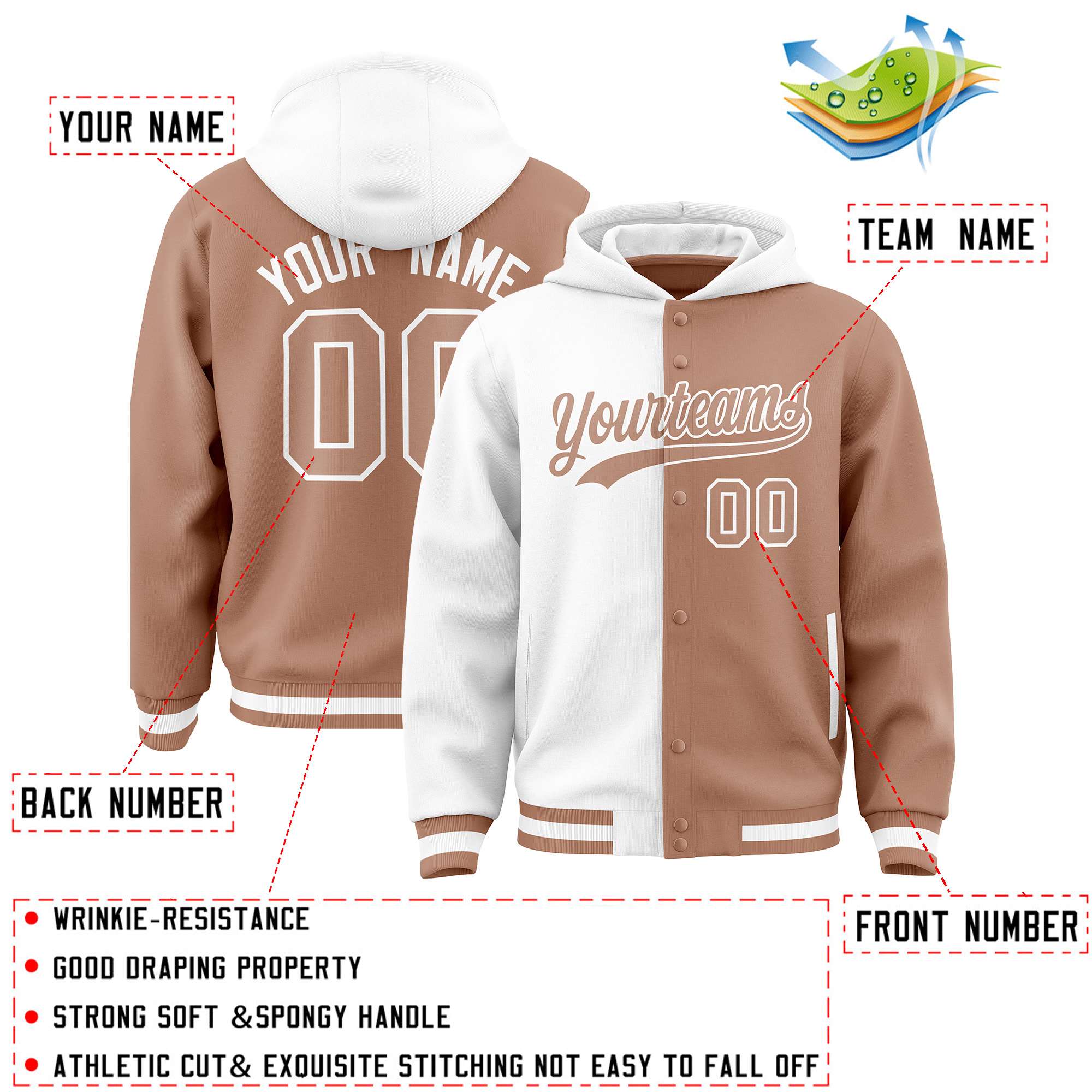 Custom White Light Brown Split Fashion Varsity Full-Snap Letterman Two Tone Jacket Hoodie