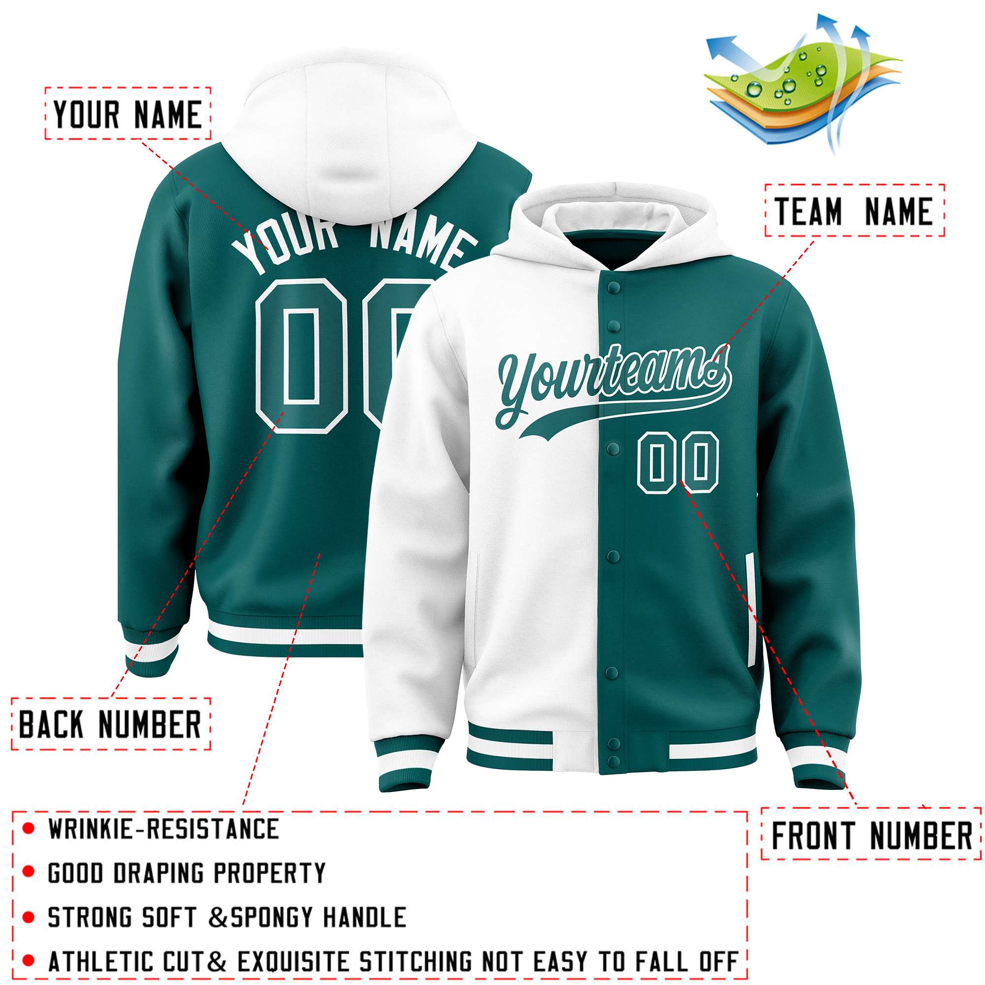Custom White Aqua Split Fashion Varsity Full-Snap Letterman Two Tone Jacket Hoodie