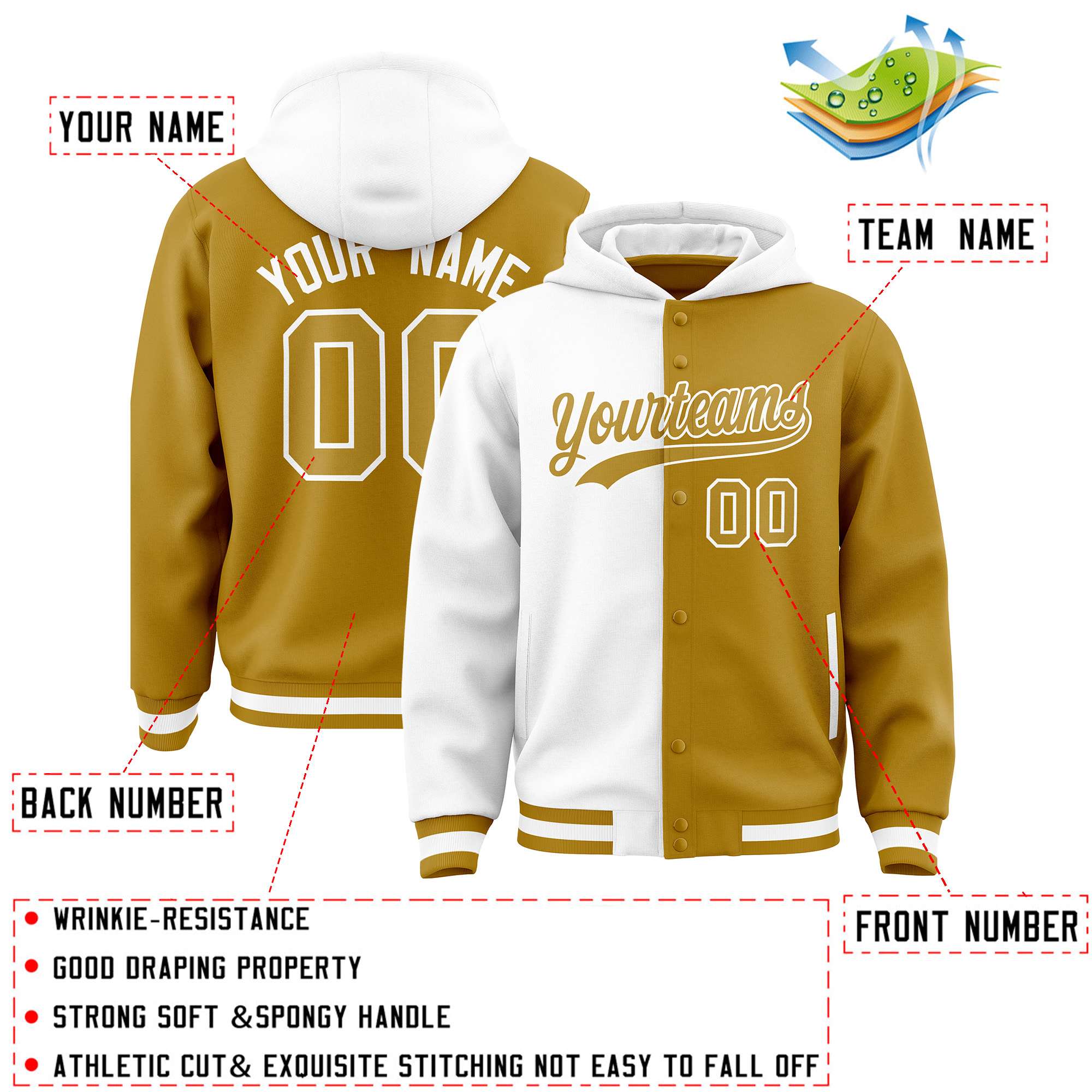 Custom White Old Gold Split Fashion Varsity Full-Snap Letterman Two Tone Jacket Hoodie