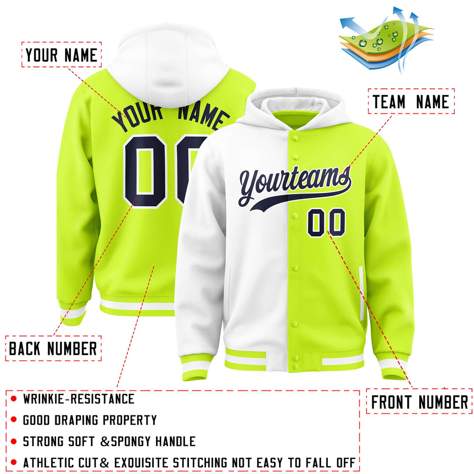 Custom White Neon Green Split Fashion Varsity Full-Snap Letterman Two Tone Jacket Hoodie