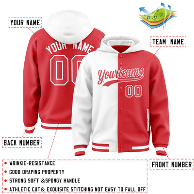 Custom White Light Red Split Fashion Varsity Full-Snap Letterman Two Tone Jacket Hoodie