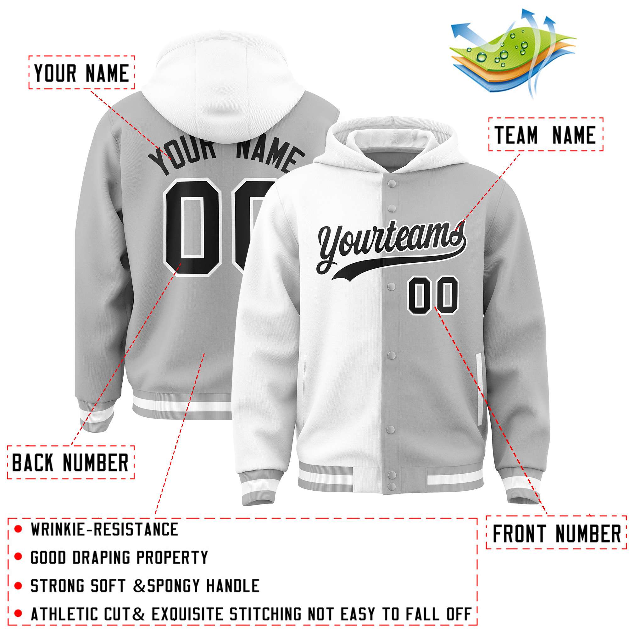 Custom White Gray Split Fashion Varsity Full-Snap Letterman Two Tone Jacket Hoodie
