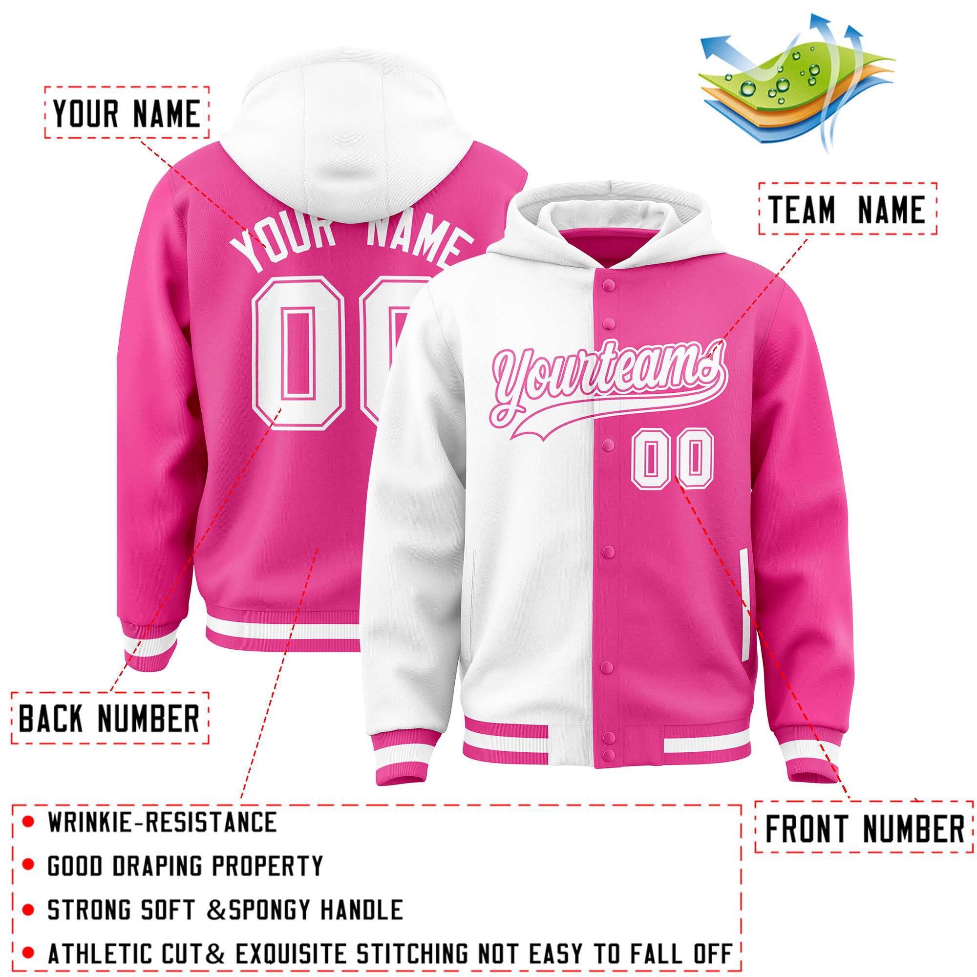 Custom White Pink Split Fashion Varsity Full-Snap Letterman Two Tone Jacket Hoodie