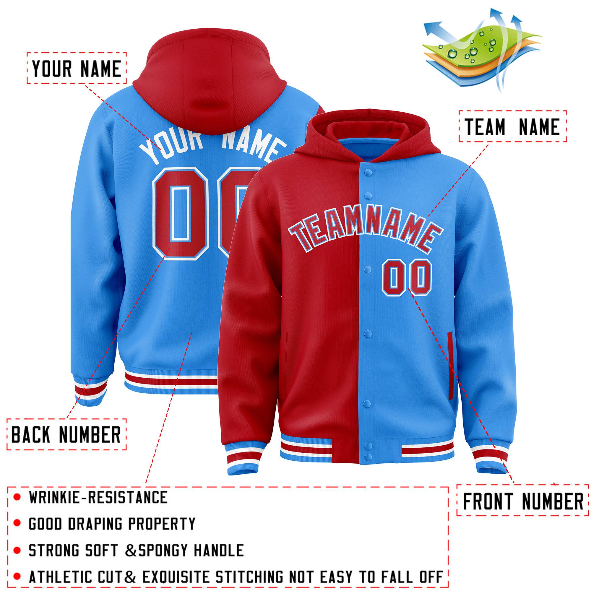 Custom Red Powder Blue Split Fashion Varsity Full-Snap Letterman Two Tone Jacket Hoodie
