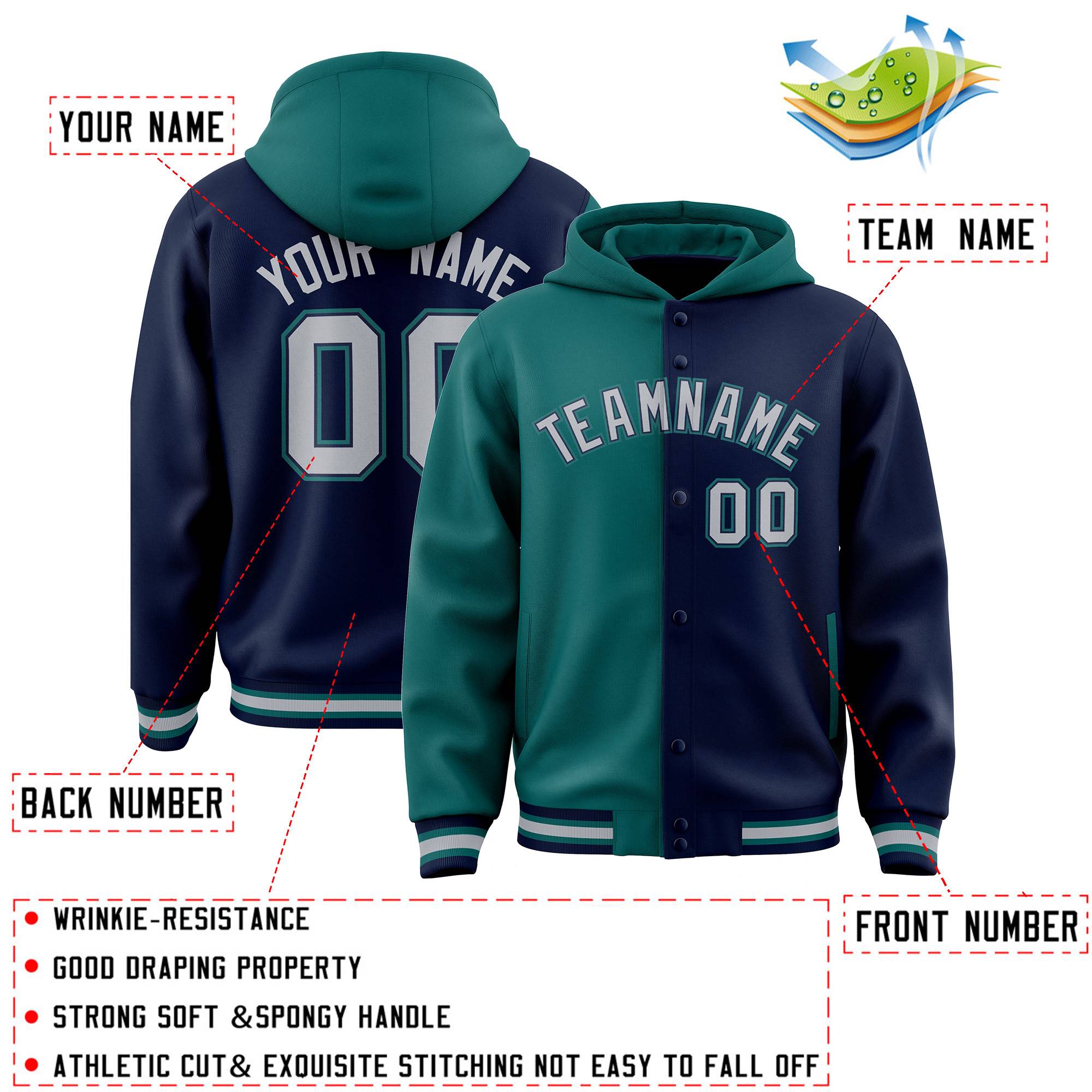 Custom Aqua Navy Split Fashion Varsity Full-Snap Letterman Two Tone Jacket Hoodie