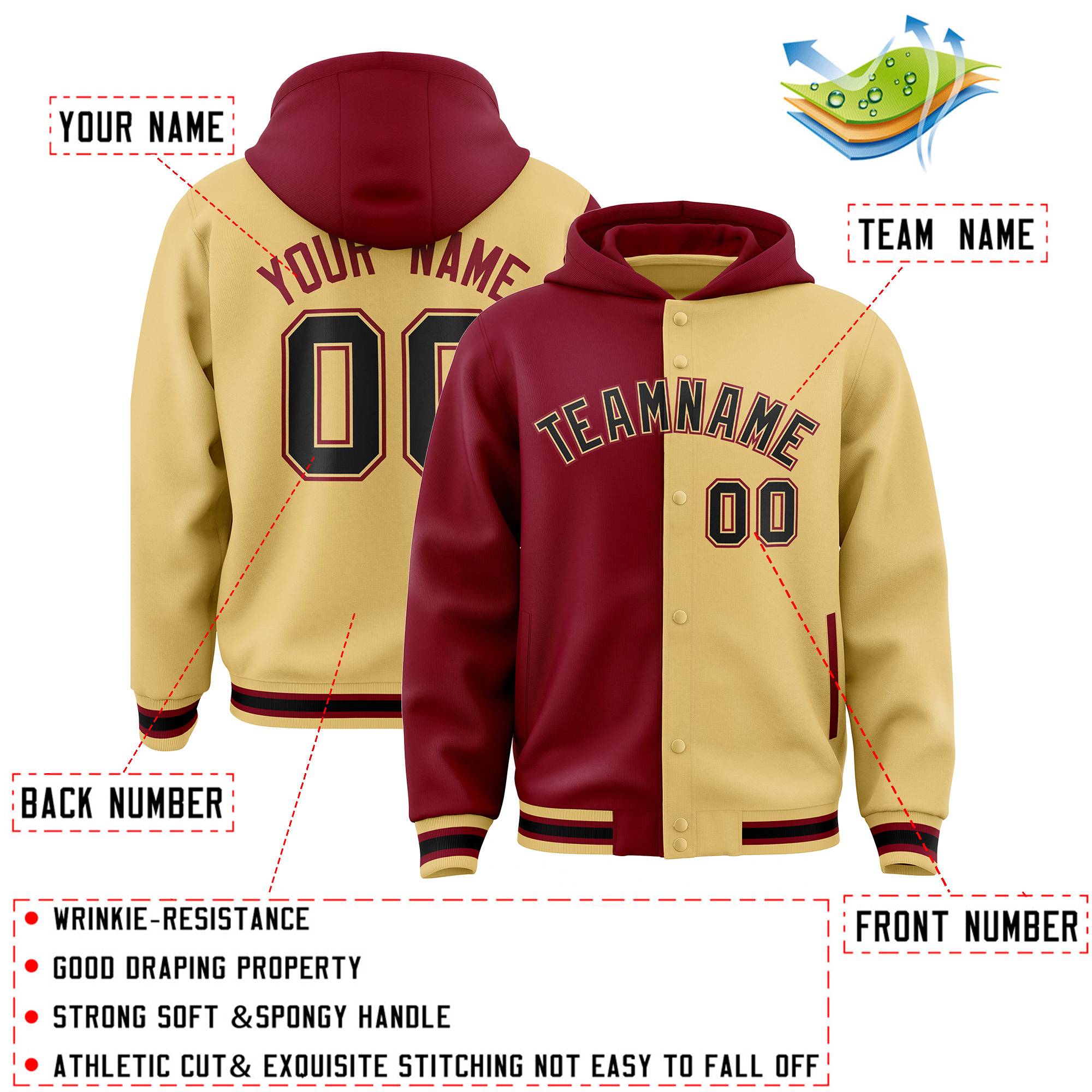 Custom Crimson Khaki Split Fashion Varsity Full-Snap Letterman Two Tone Jacket Hoodie