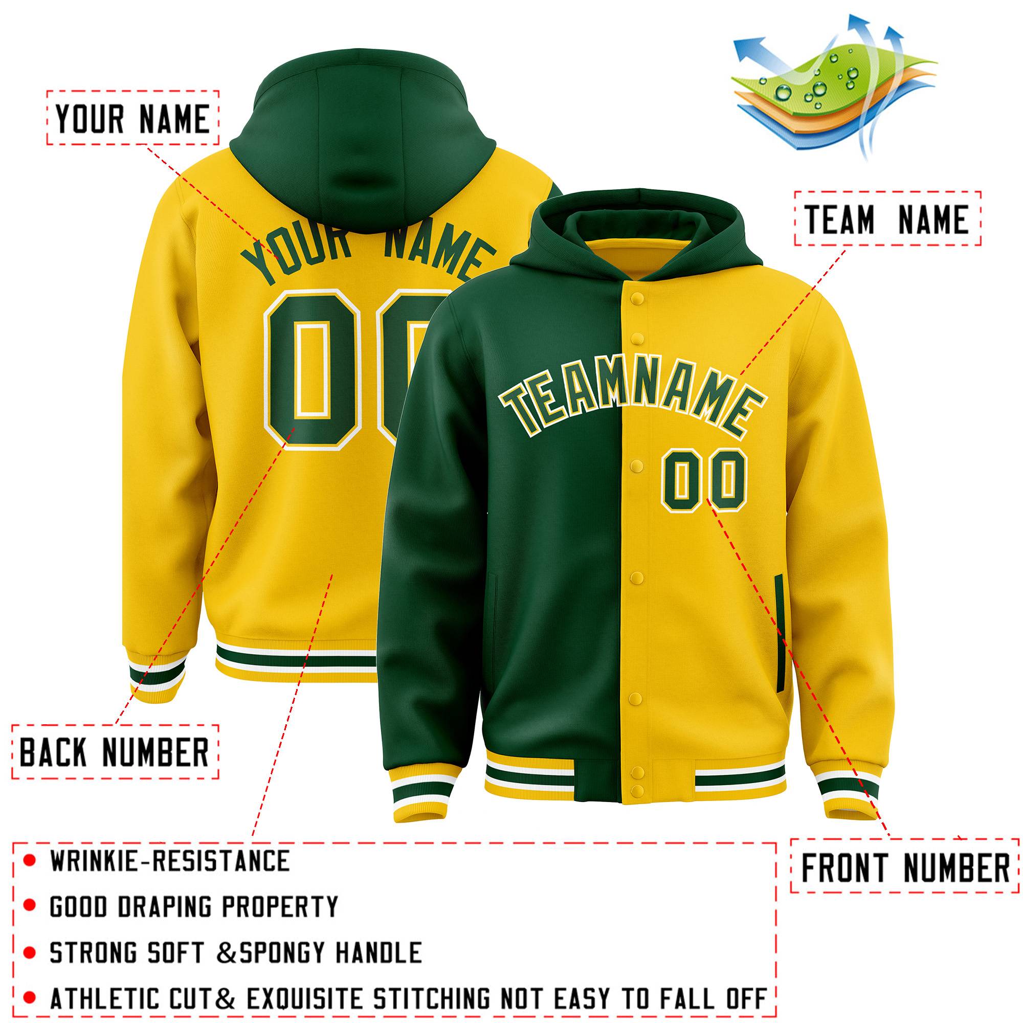 Custom Green Gold Split Fashion Varsity Full-Snap Letterman Two Tone Jacket Hoodie