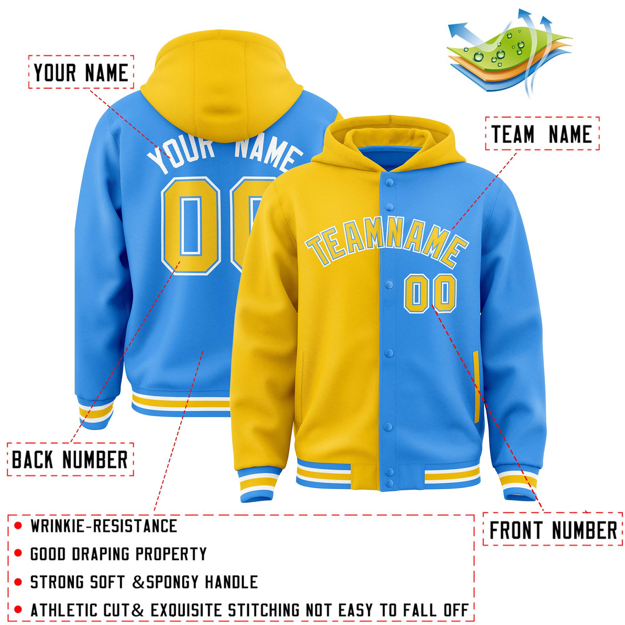 Custom Gold Powder Blue Split Fashion Varsity Full-Snap Letterman Two Tone Jacket Hoodie