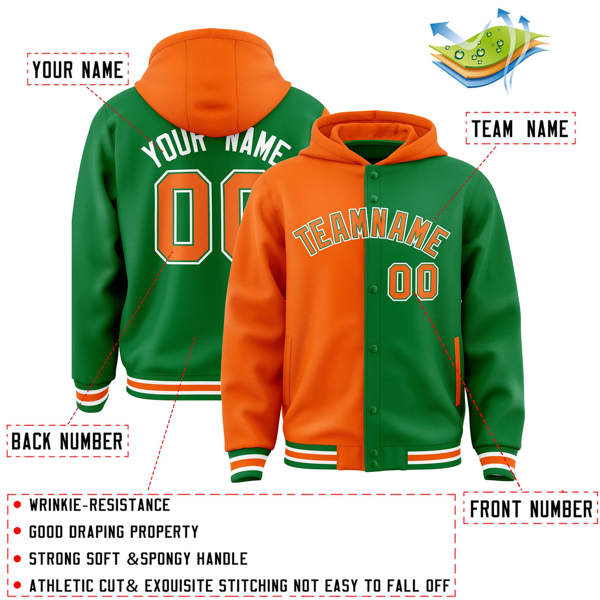 Custom Orange Kelly Green Split Fashion Varsity Full-Snap Letterman Two Tone Jacket Hoodie