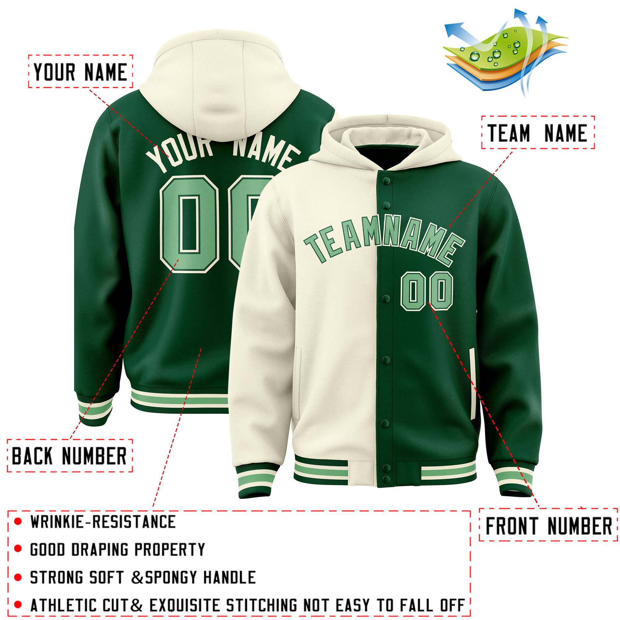 Custom Cream Green Split Fashion Varsity Full-Snap Letterman Two Tone Jacket Hoodie
