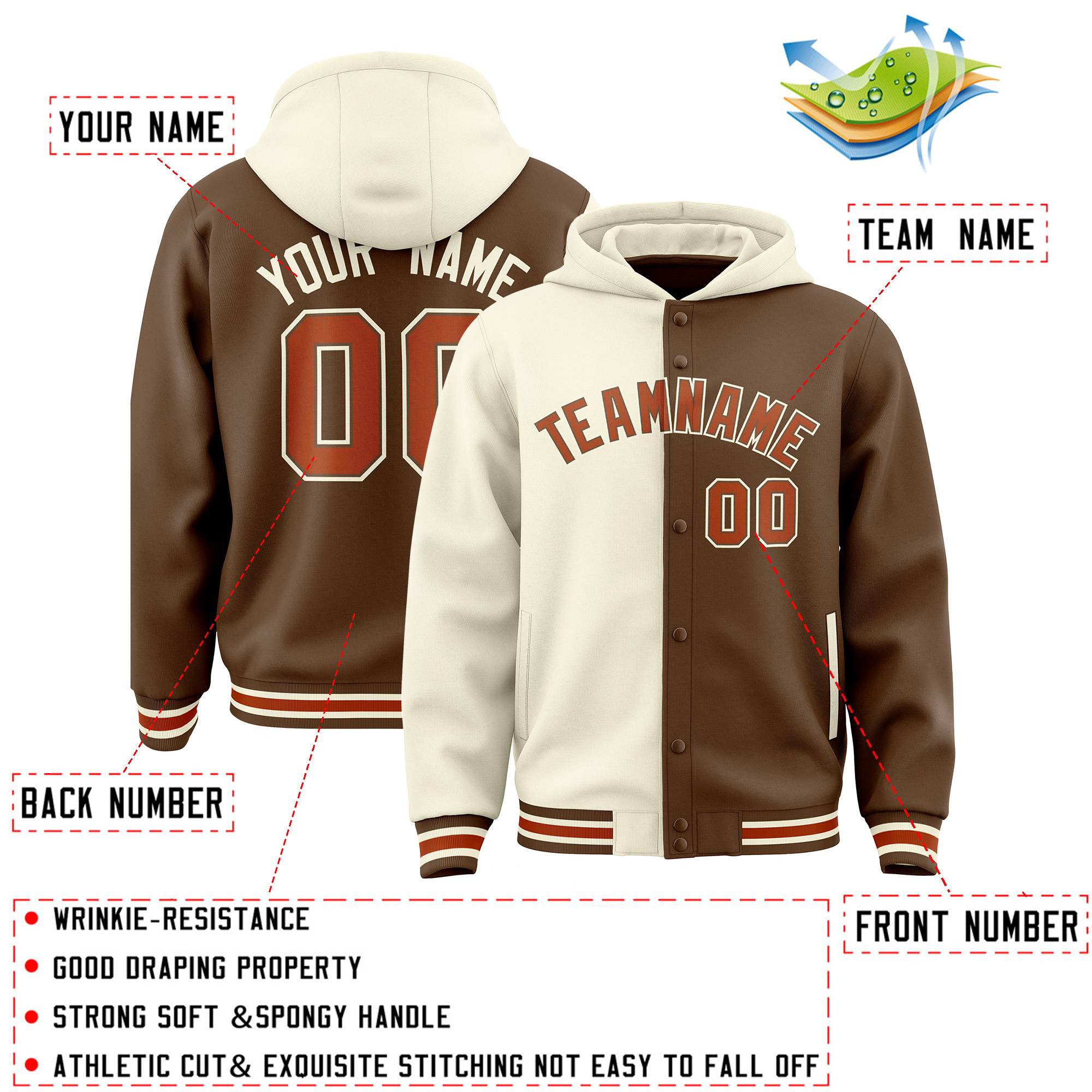 Custom Cream Light Brown Split Fashion Varsity Full-Snap Letterman Two Tone Jacket Hoodie