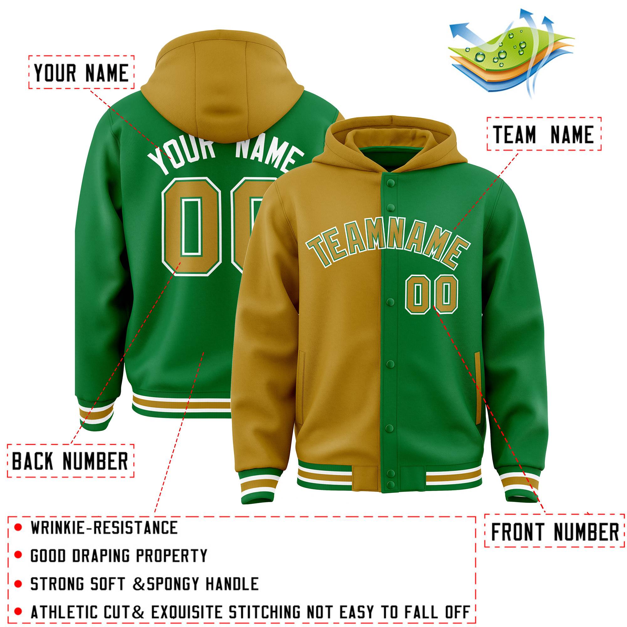 Custom Old Gold Kelly Green Split Fashion Varsity Full-Snap Letterman Two Tone Jacket Hoodie