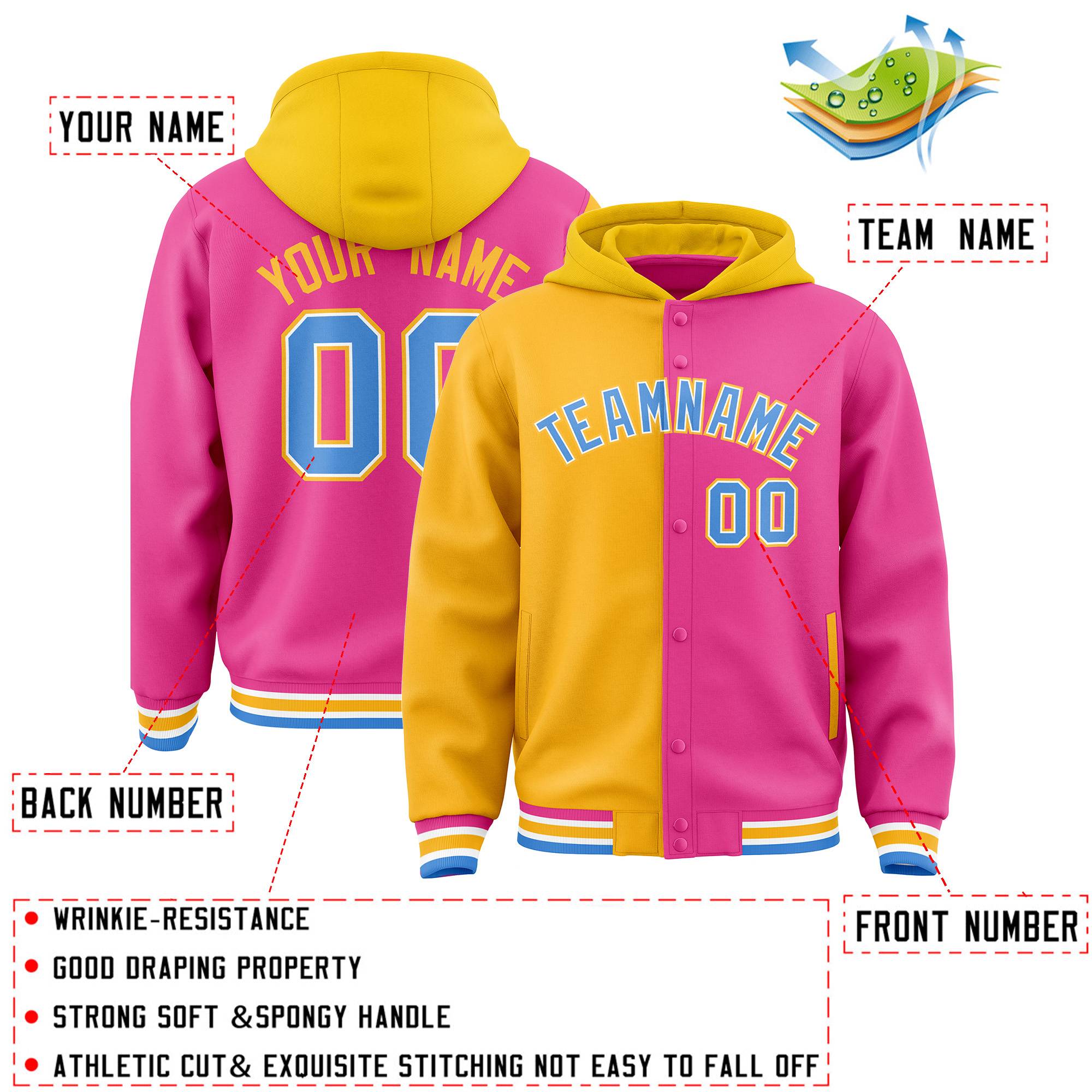 Custom Gold Pink Split Fashion Varsity Full-Snap Letterman Two Tone Jacket Hoodie