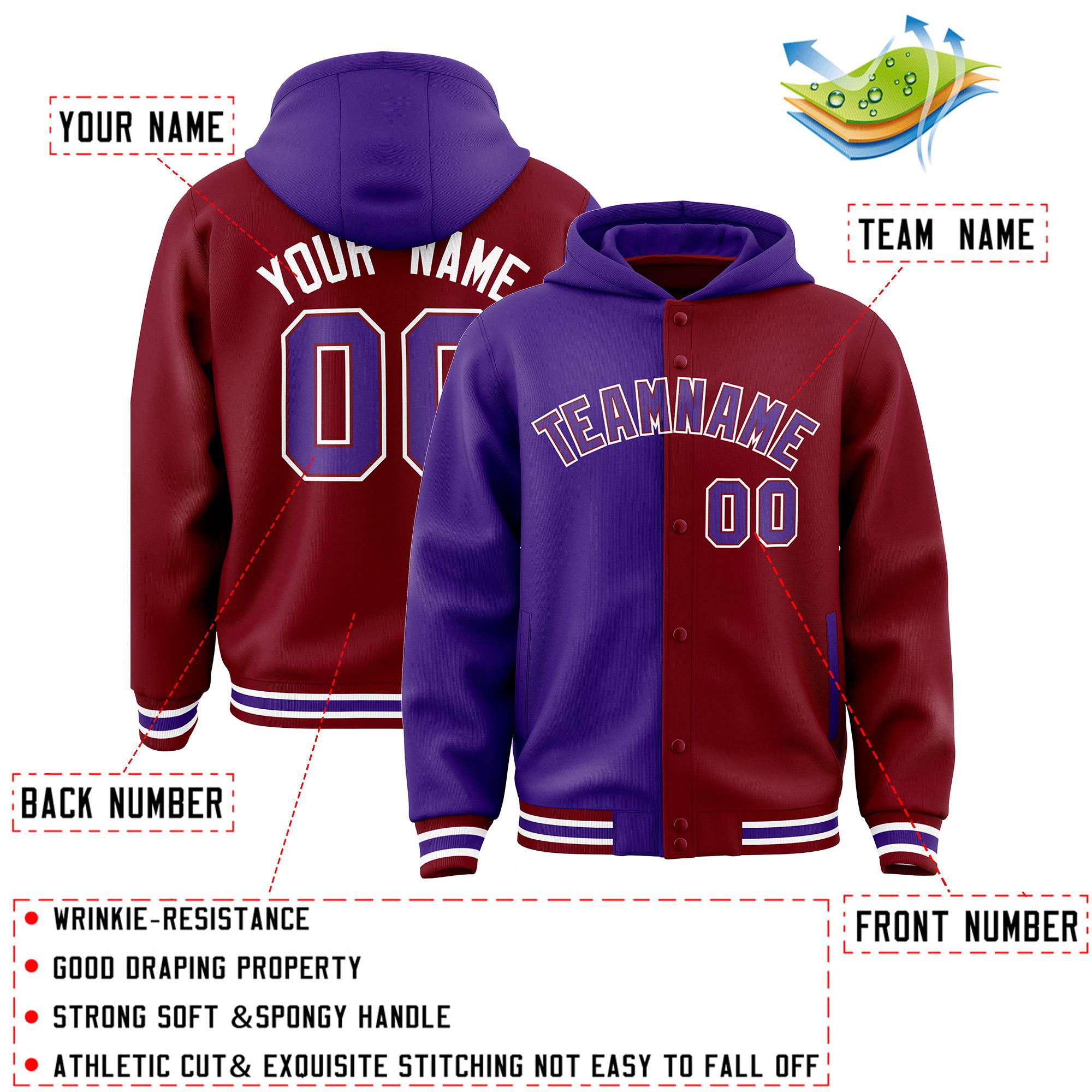 Custom Purple Crimson Split Fashion Varsity Full-Snap Letterman Two Tone Jacket Hoodie
