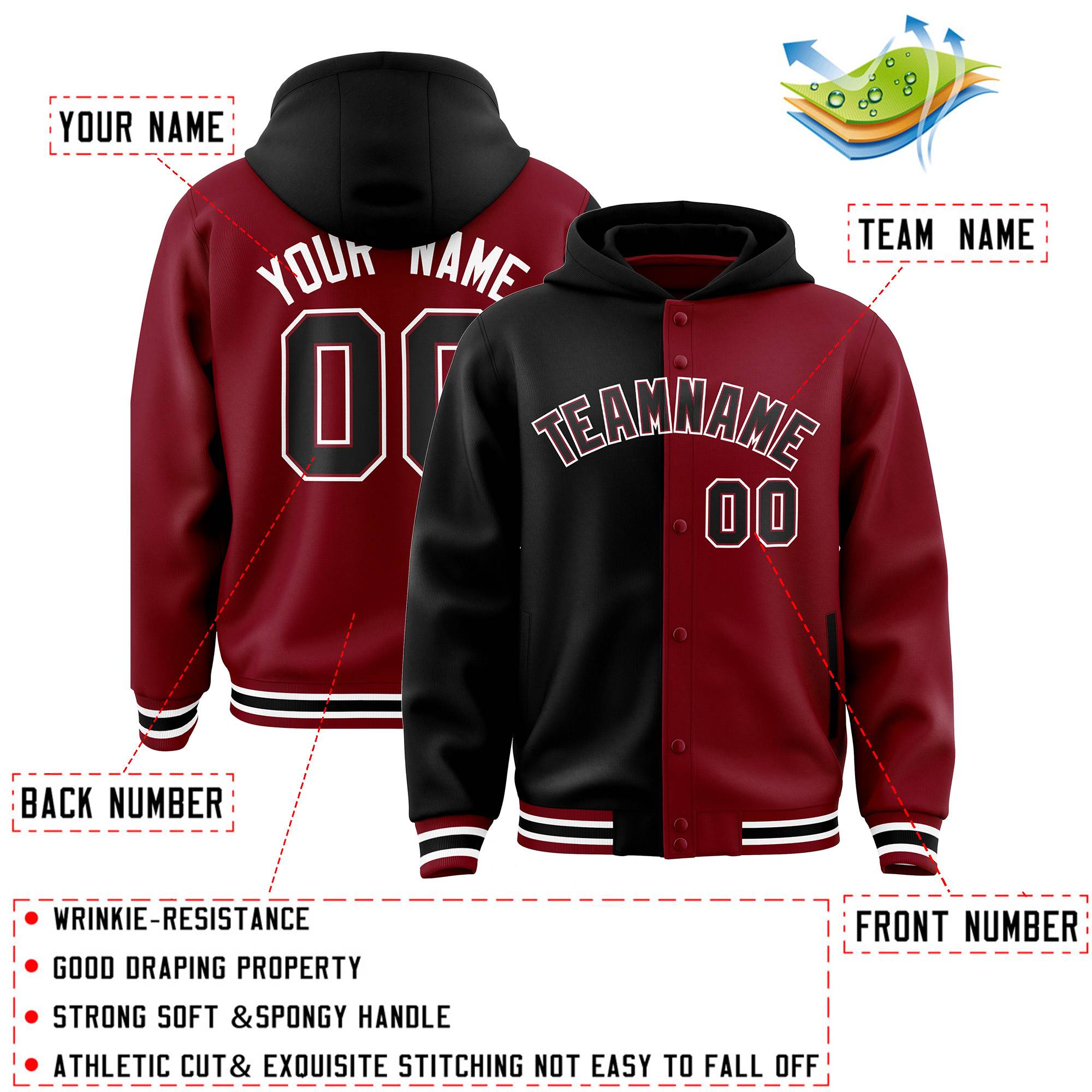 Custom Black Crimson Split Fashion Varsity Full-Snap Letterman Two Tone Jacket Hoodie