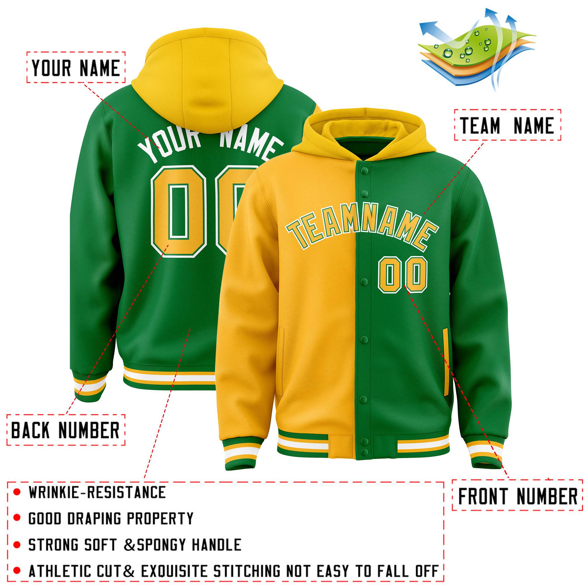 Custom Gold Kelly Green Split Fashion Varsity Full-Snap Letterman Two Tone Jacket Hoodie